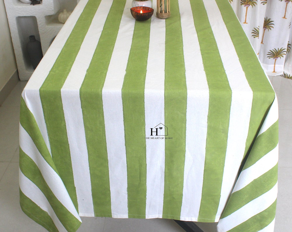 Stripe Tan Green Hand-Block Minimalist Cotton Tablecloth