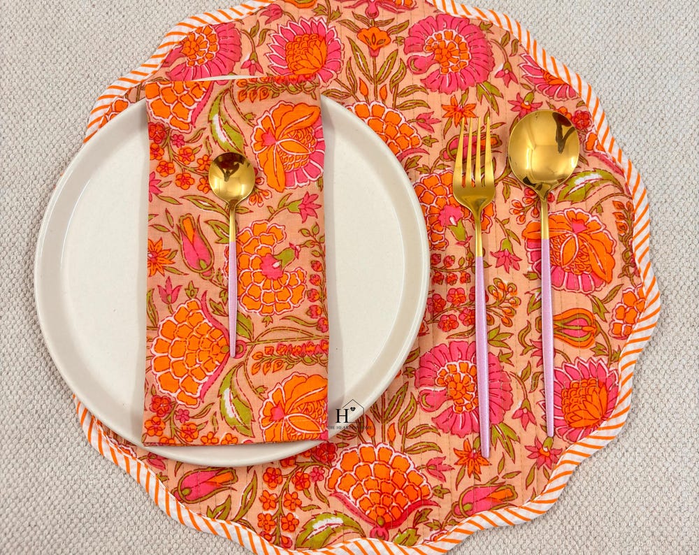 Hand crafted Orange Floral Quilted Round Placemats with Napkins Set