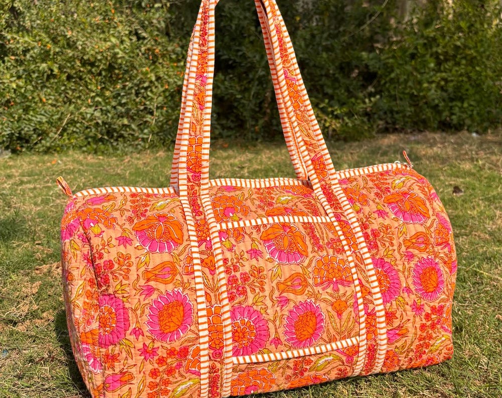 Large Orange pink Cotton Quilted Duffle Bags