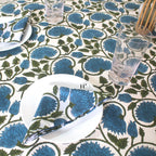 Blue Floral Block Print Cotton Tablecloth: Rustic Farmhouse Dining