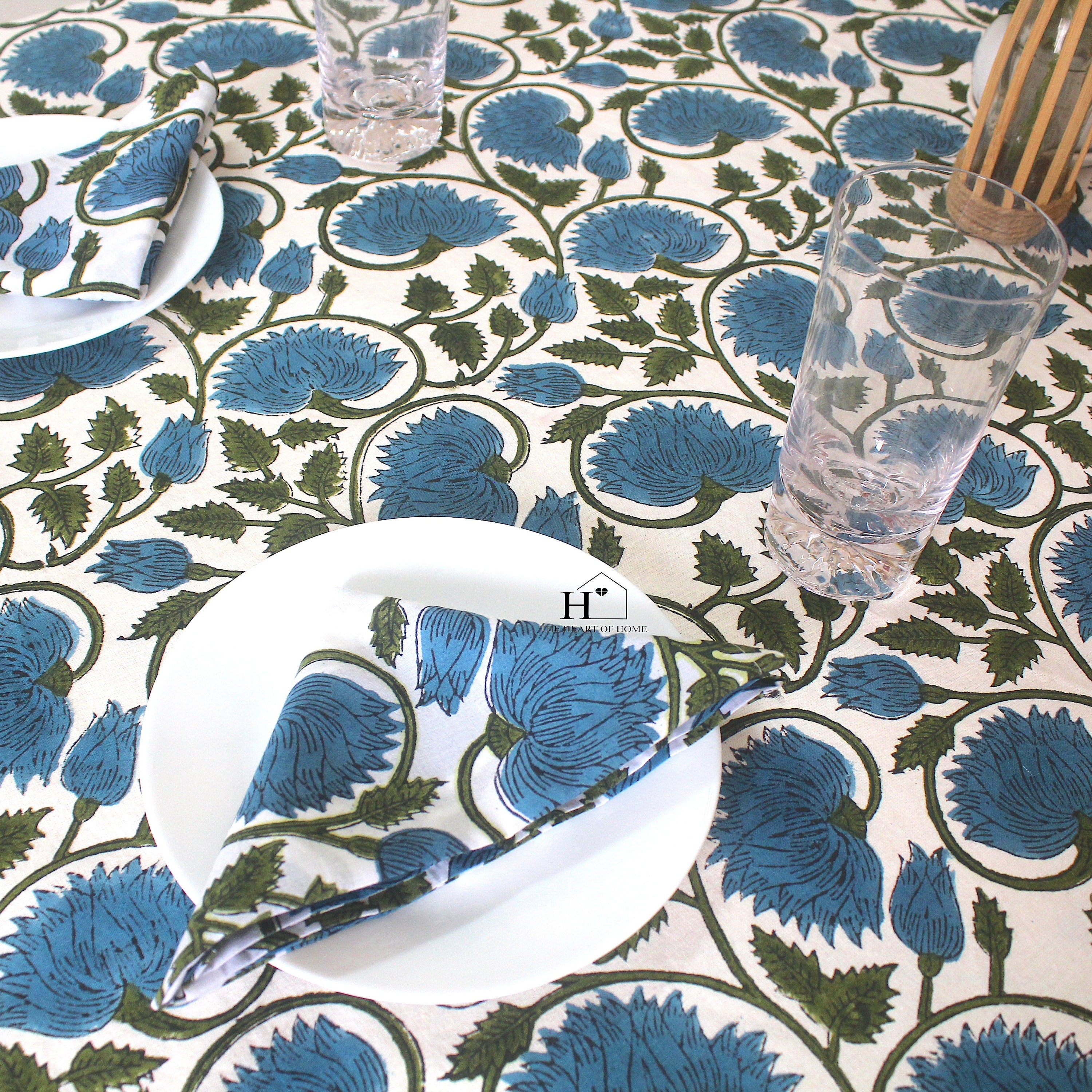 Blue Floral Block Print Cotton Tablecloth: Rustic Farmhouse Dining