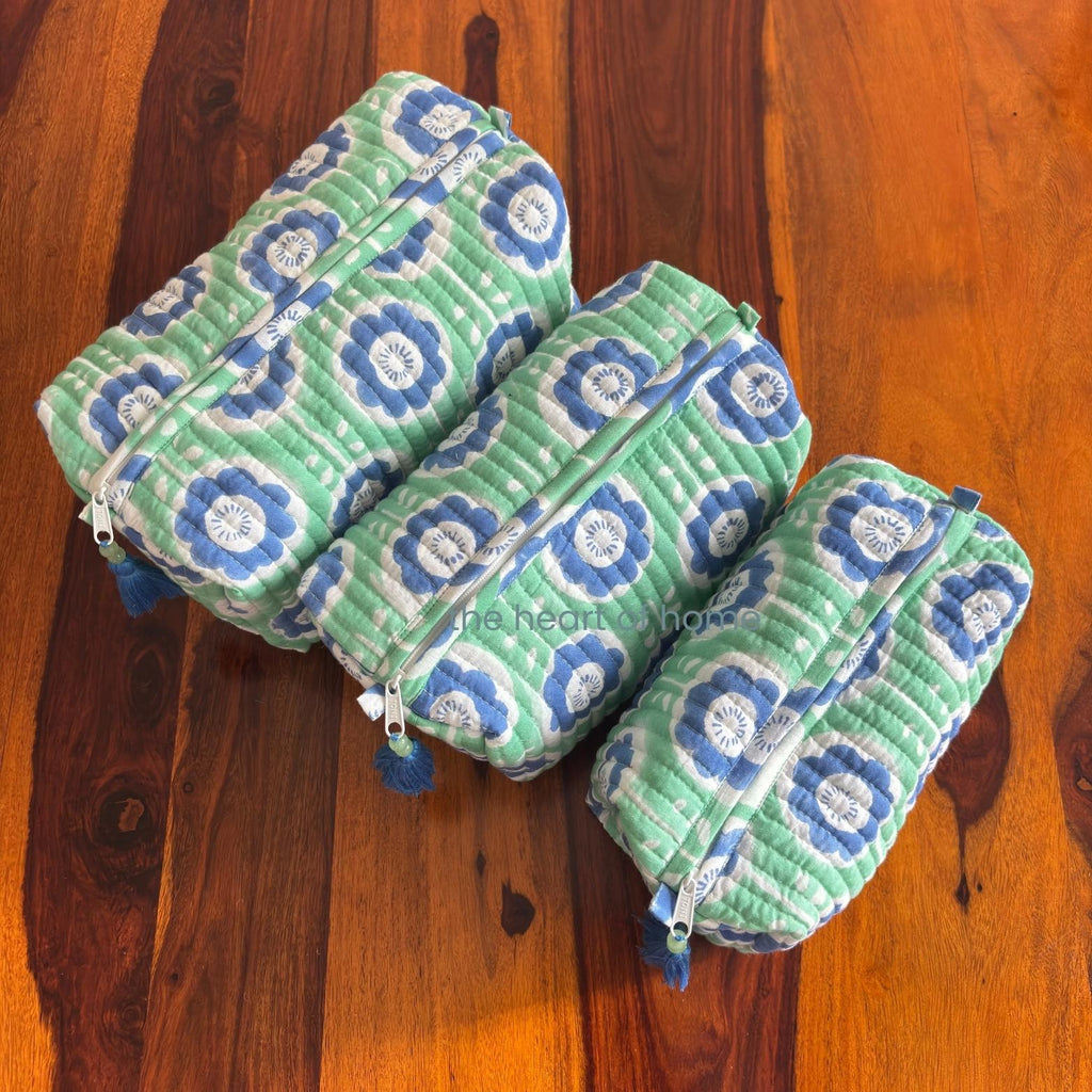 Handblock Printed Quilted Cosmetic Pouch Set: Green Travel Toiletry Bags