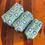 Handblock Printed Quilted Cosmetic Pouch Set: Green Travel Toiletry Bags