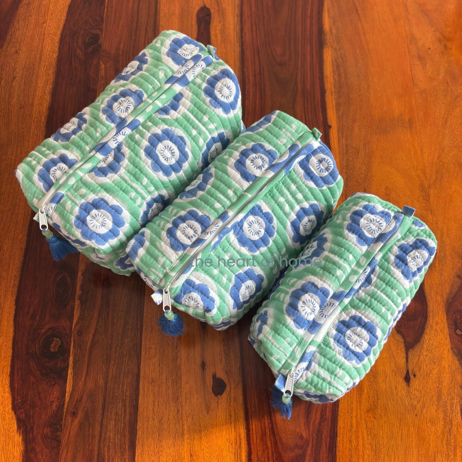Handblock Printed Quilted Cosmetic Pouch Set: Green Travel Toiletry Bags