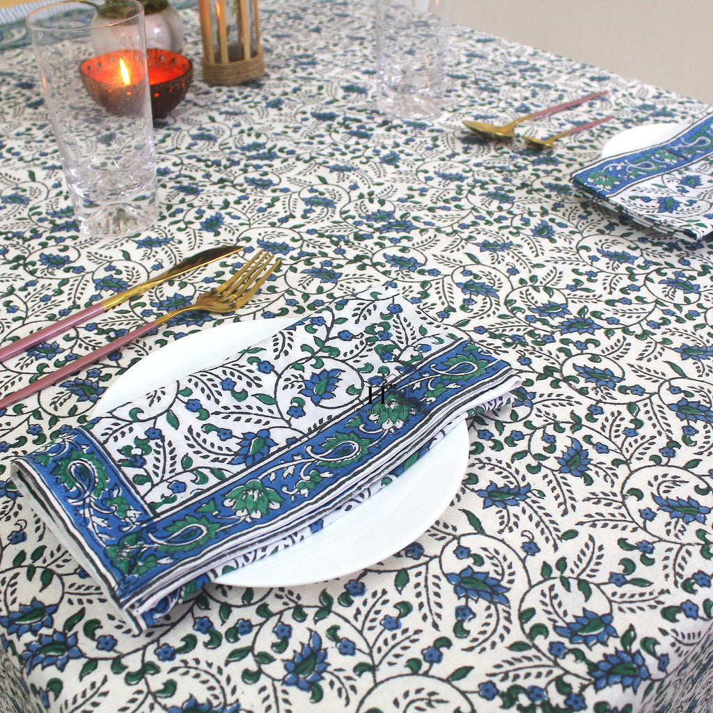 Blue Floral Block Print Tablecloth: Waterproof Cotton Dining Table Cover