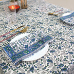 Blue Floral Block Print Tablecloth: Waterproof Cotton Dining Table Cover