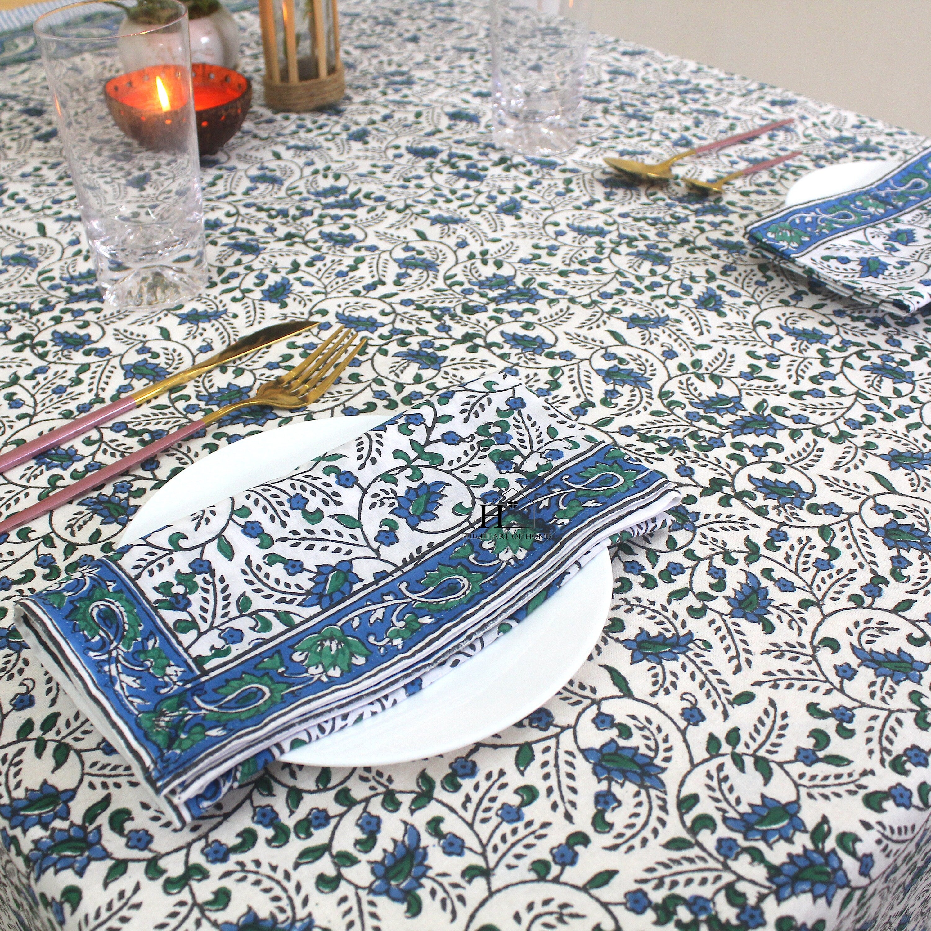 Blue Floral Block Print Tablecloth: Waterproof Cotton Dining Table Cover