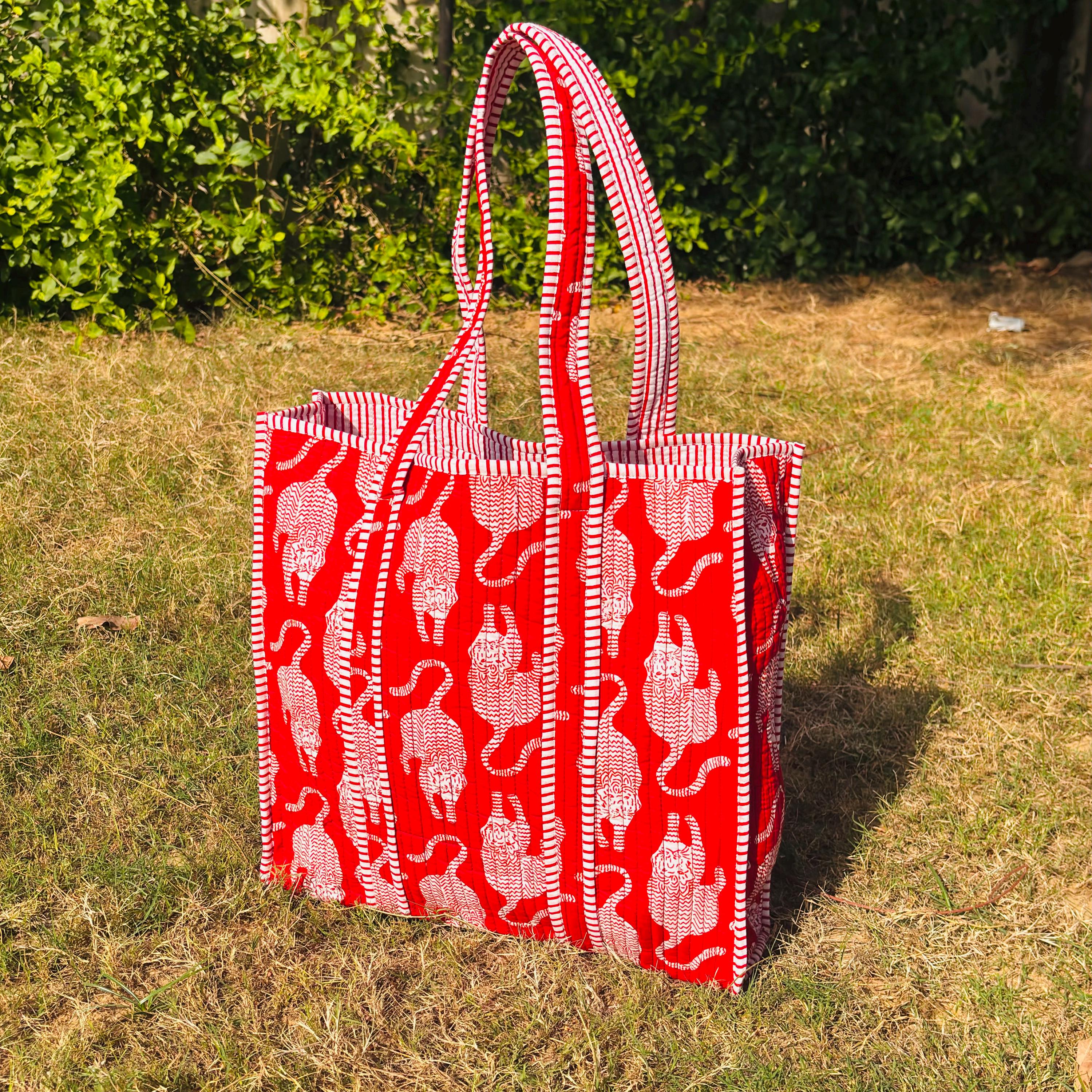 Red Leopard Tiger Print Quilted Cotton Tote Bag