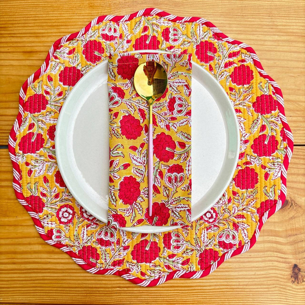 Floral Quilted Placemat & Napkin Set: Mustard Yellow Cotton Table Decor