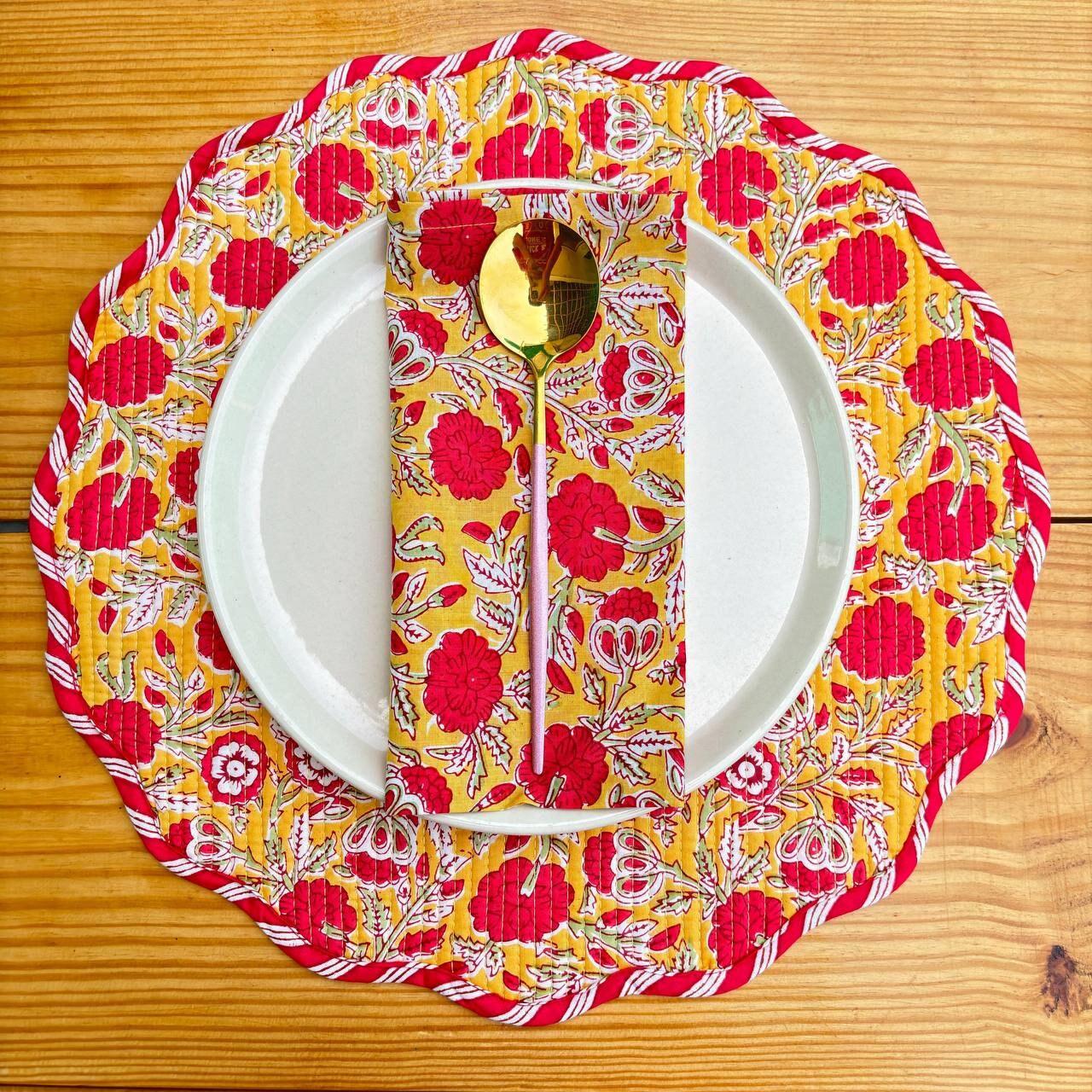 Floral Quilted Placemat & Napkin Set: Mustard Yellow Cotton Table Decor