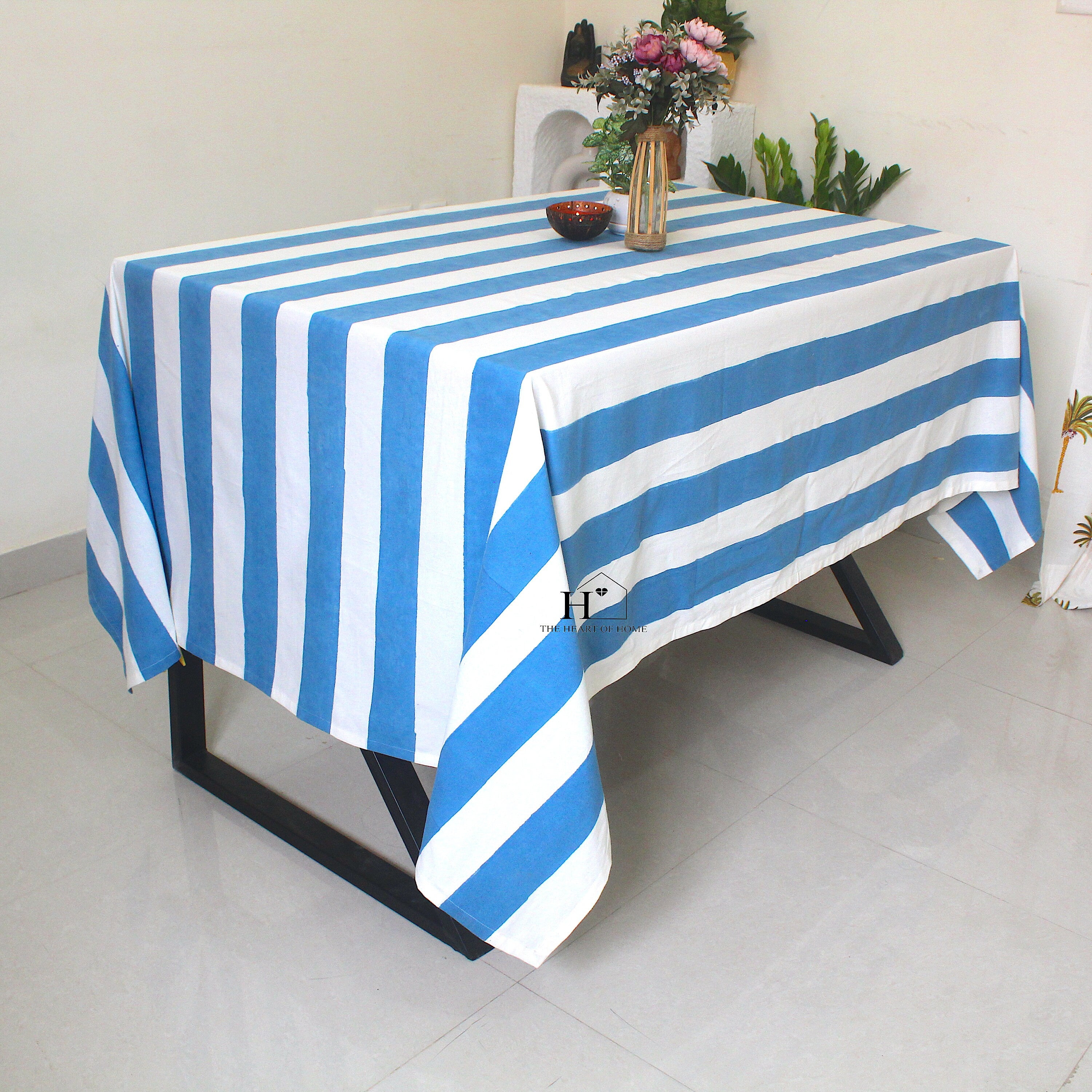 Hand-Block Stripe Cotton Tablecloth: Sky Blue Waterproof Dining Table Cover