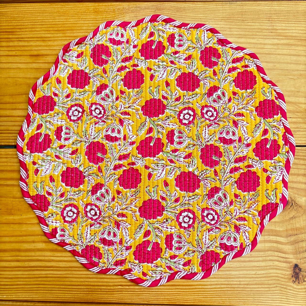 Floral Quilted Placemat & Napkin Set: Mustard Yellow Cotton Table Decor