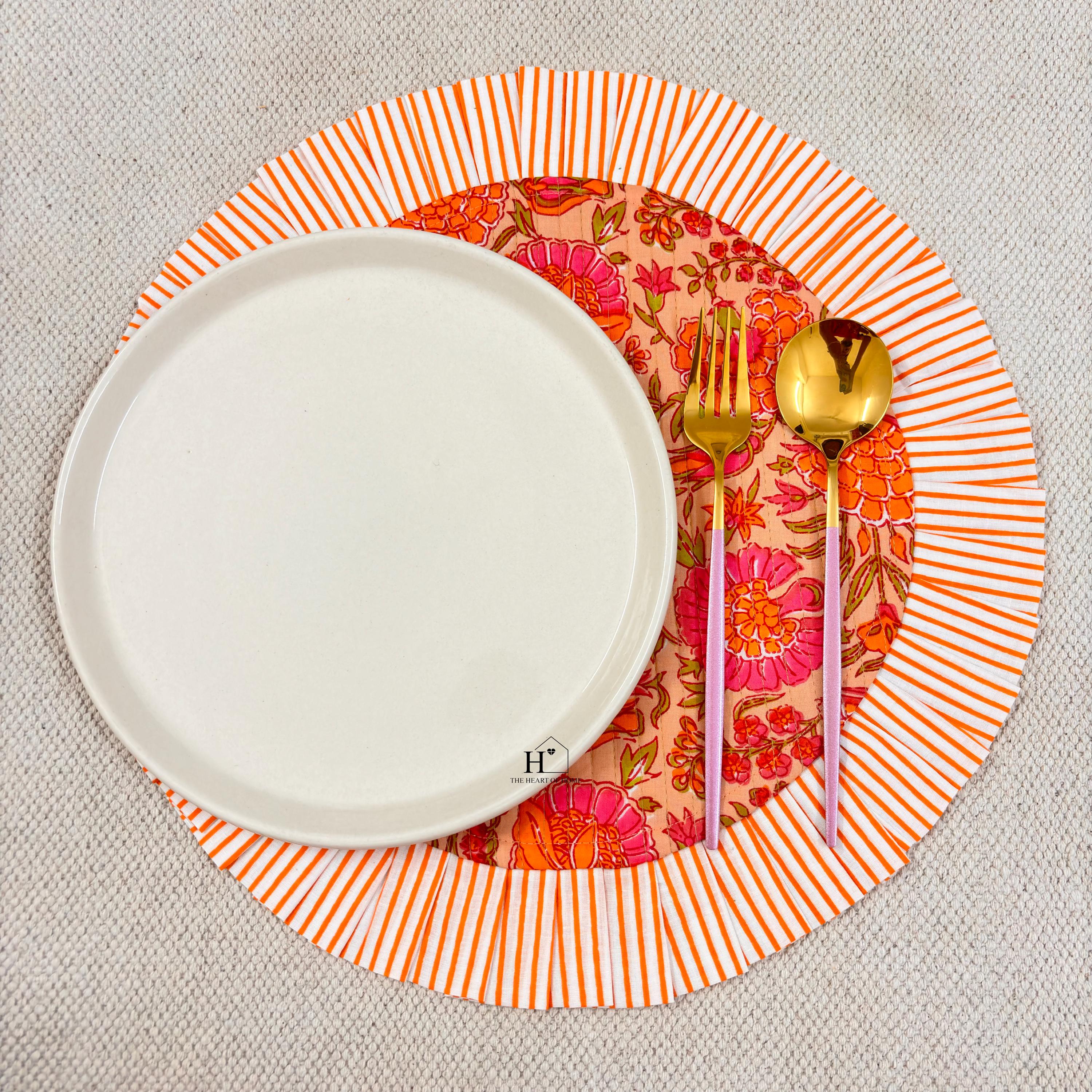 Handcrafted Orange Floral Quilted Placemat & Napkin Set: Indian Artisan Decor
