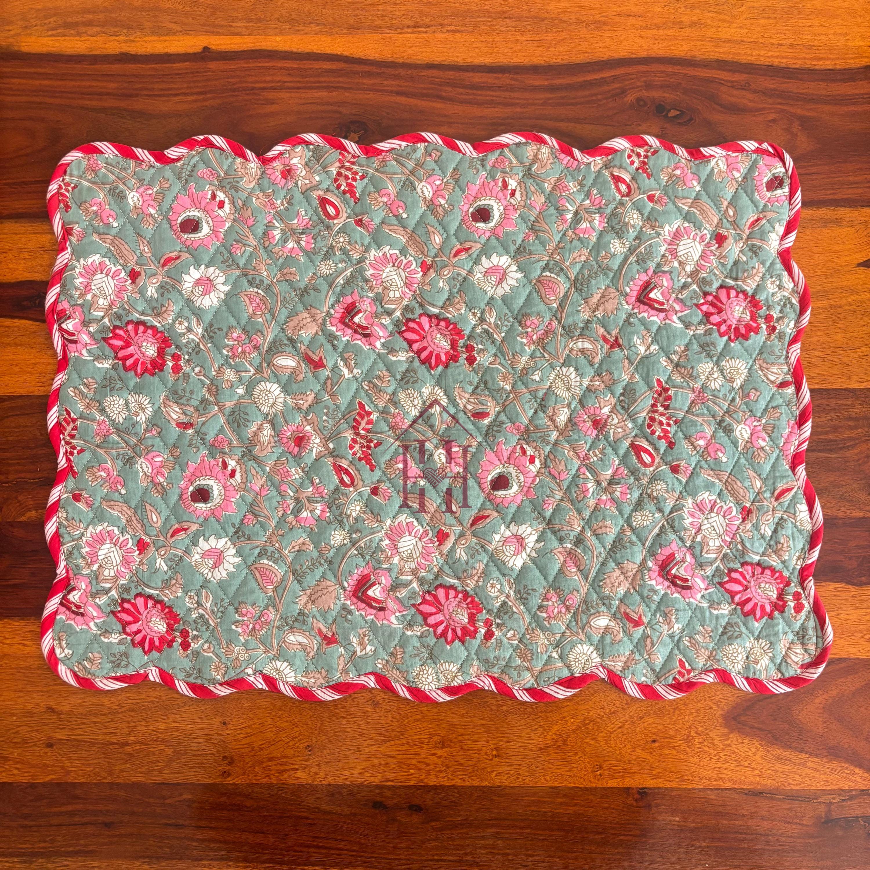 Cotton quilted mats hand block printed christmas green 14x20 Inch Reversible 100% Cotton, Washable, Soft & Absorbent, Perfect for Wedding