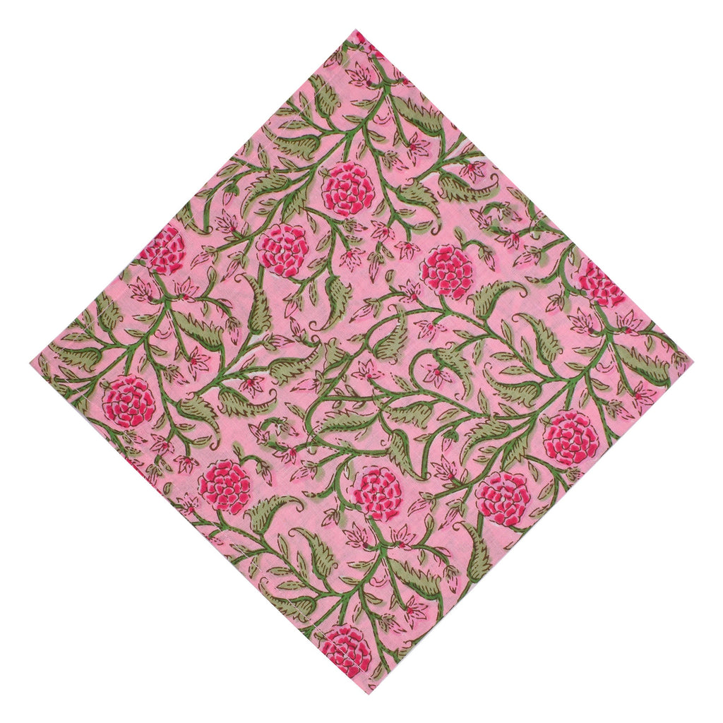 Floral Hand Block Printed Cotton Napkins: Pink & Green Table Decor
