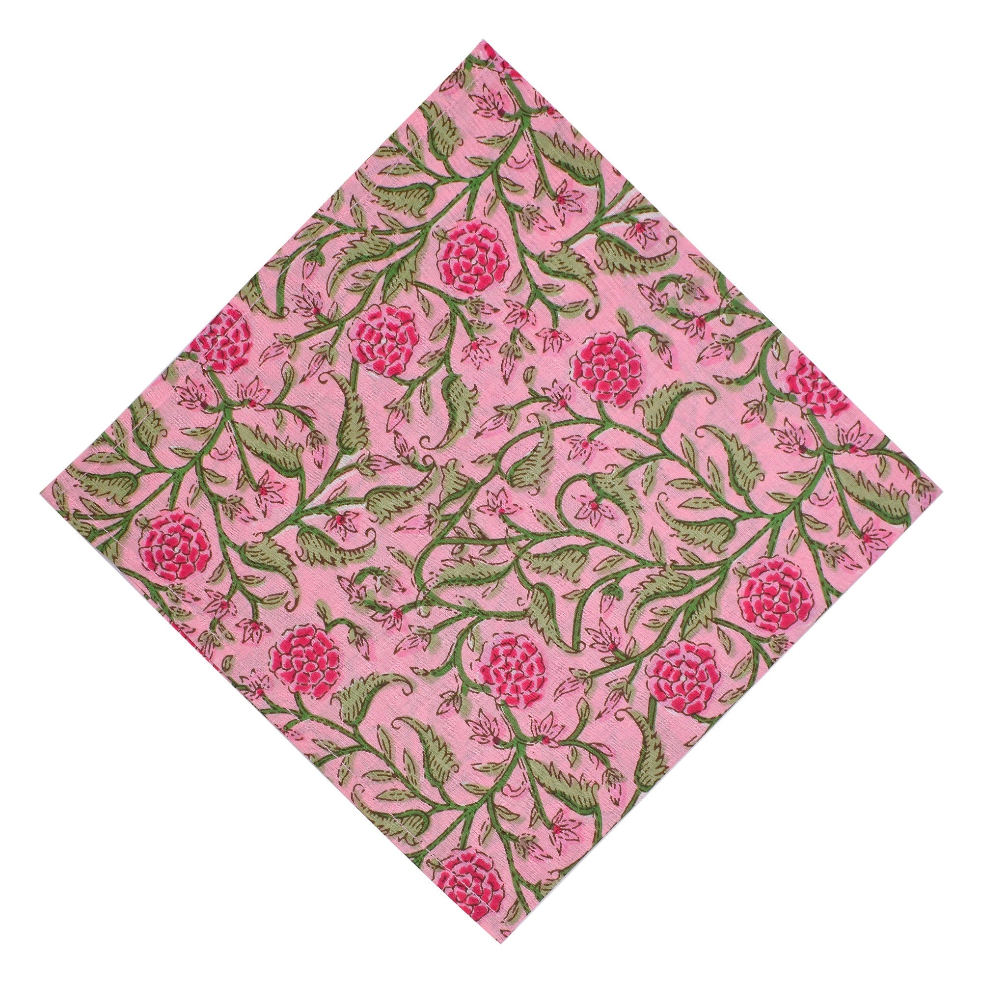 Floral Hand Block Printed Cotton Napkins: Pink & Green Table Decor