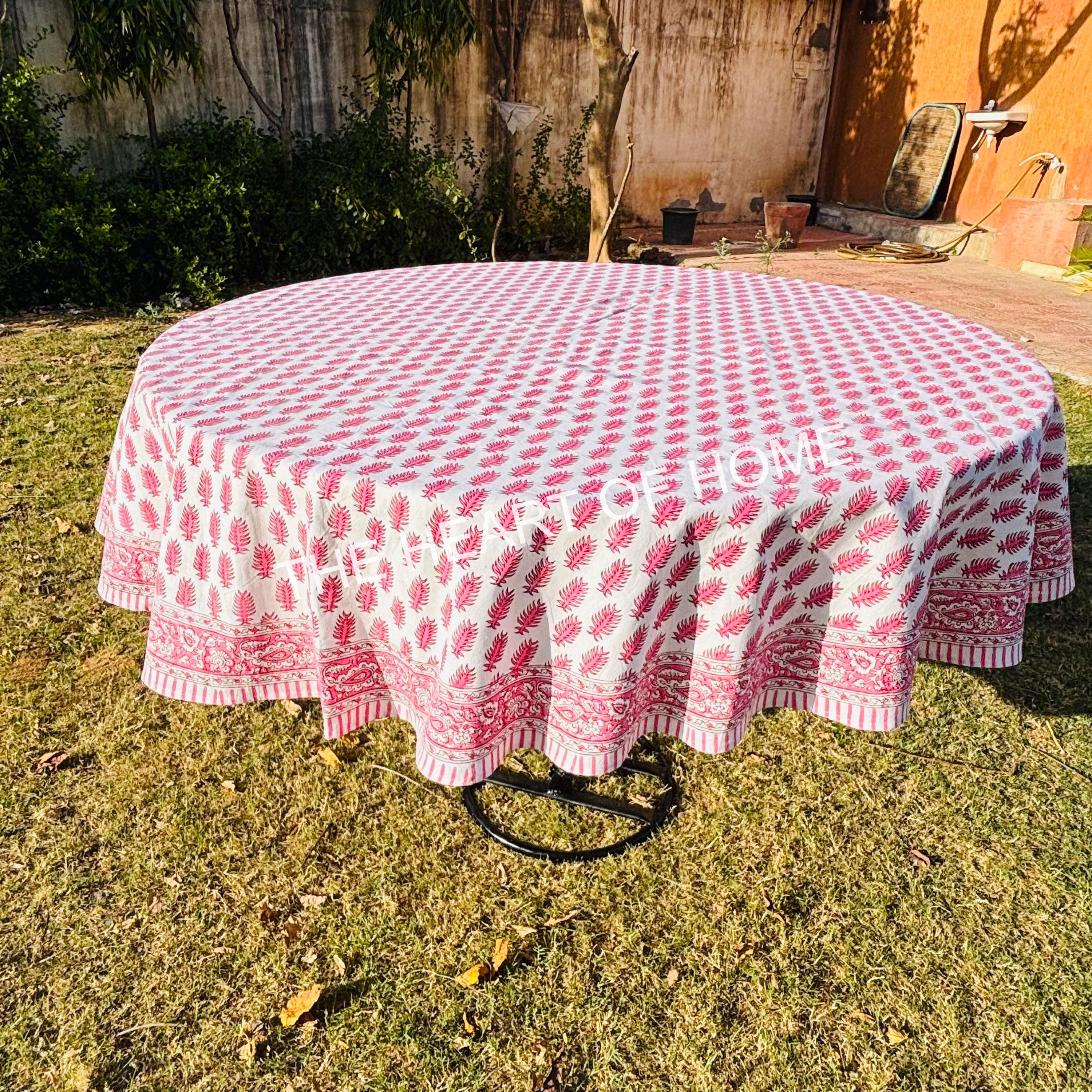 Round Palm Tree Tablecloth: Hand Block Printed Cotton, 72 inches