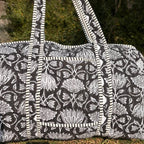 Large Black Cotton Quilted Duffle Bags Block print Gifts Handmade Colorful Travel night Travel Gym Yoga Luggage pocket 18x9x9 inches