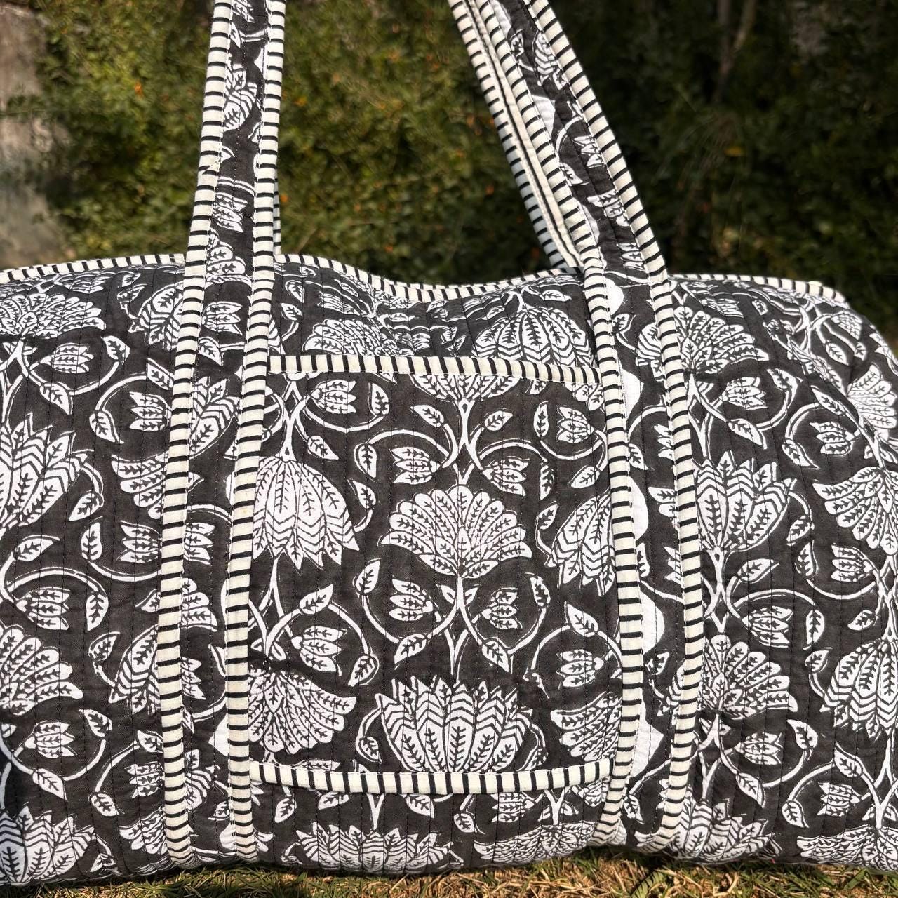 Large Black Cotton Quilted Duffle Bags Block print Gifts Handmade Colorful Travel night Travel Gym Yoga Luggage pocket 18x9x9 inches