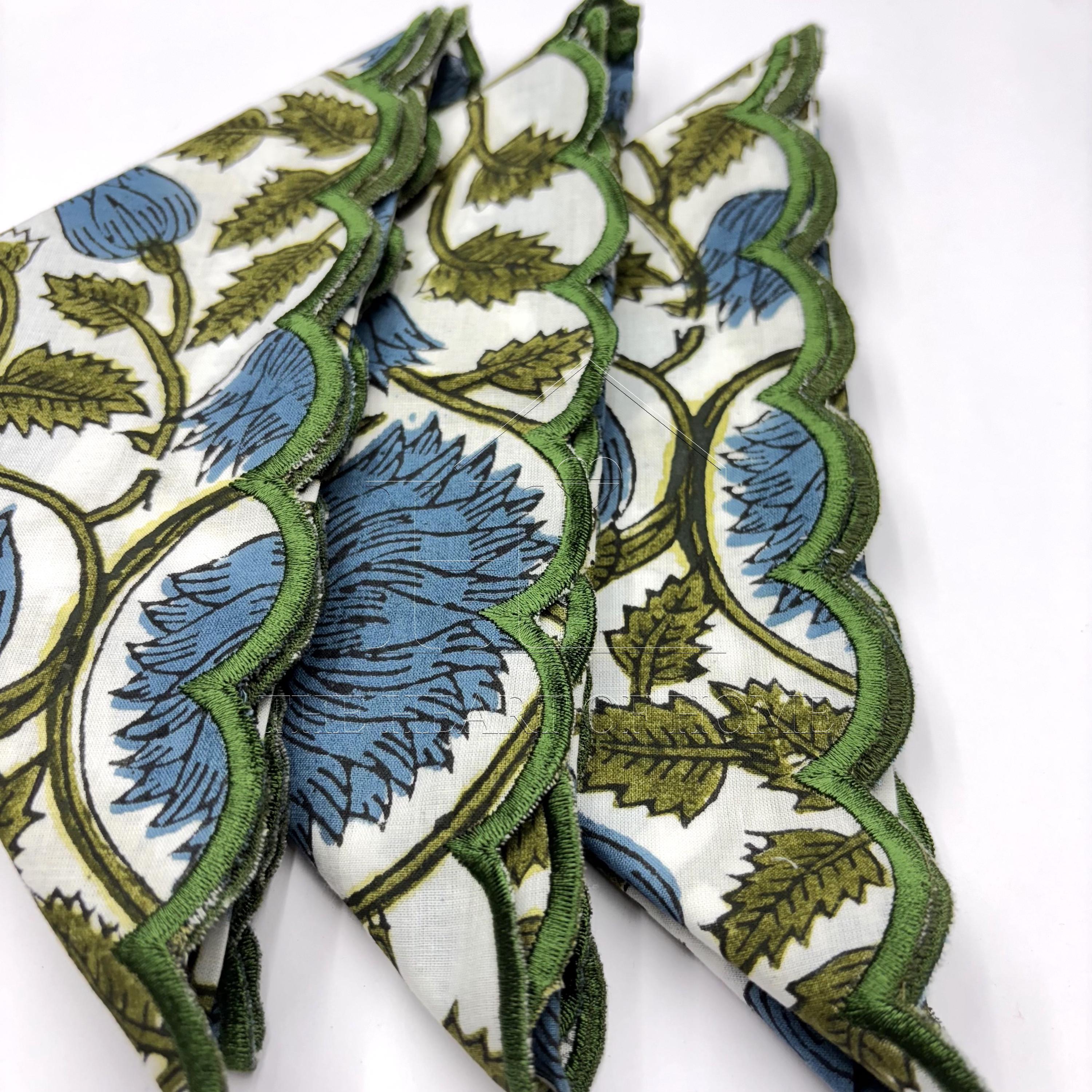 Floral Block Print Napkins: Embroidered Scallop Edge, Sustainable Cotton