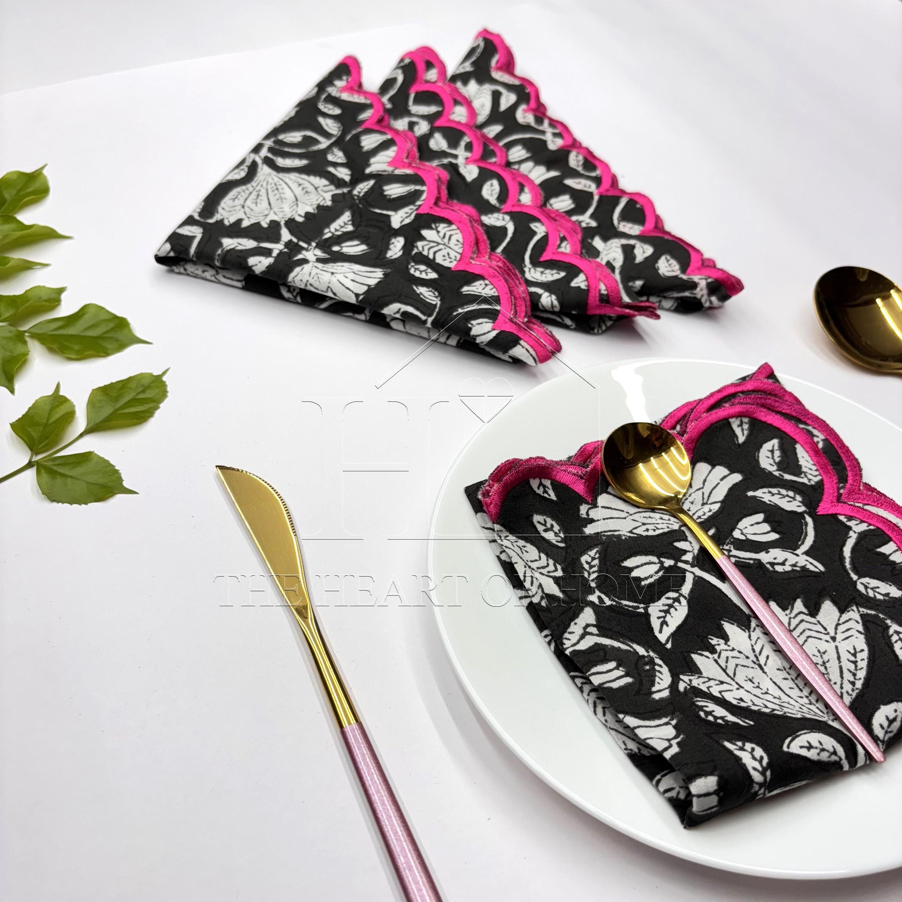 Black Pink scallop cotton Embroidery Napkins for table decoration and christmas gift | Reusable Floral Table Linen