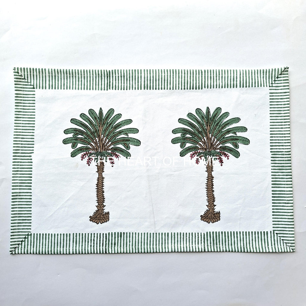Hand Block Printed Cotton Placemat & Napkin Set: Jaipur Palm Tree Design