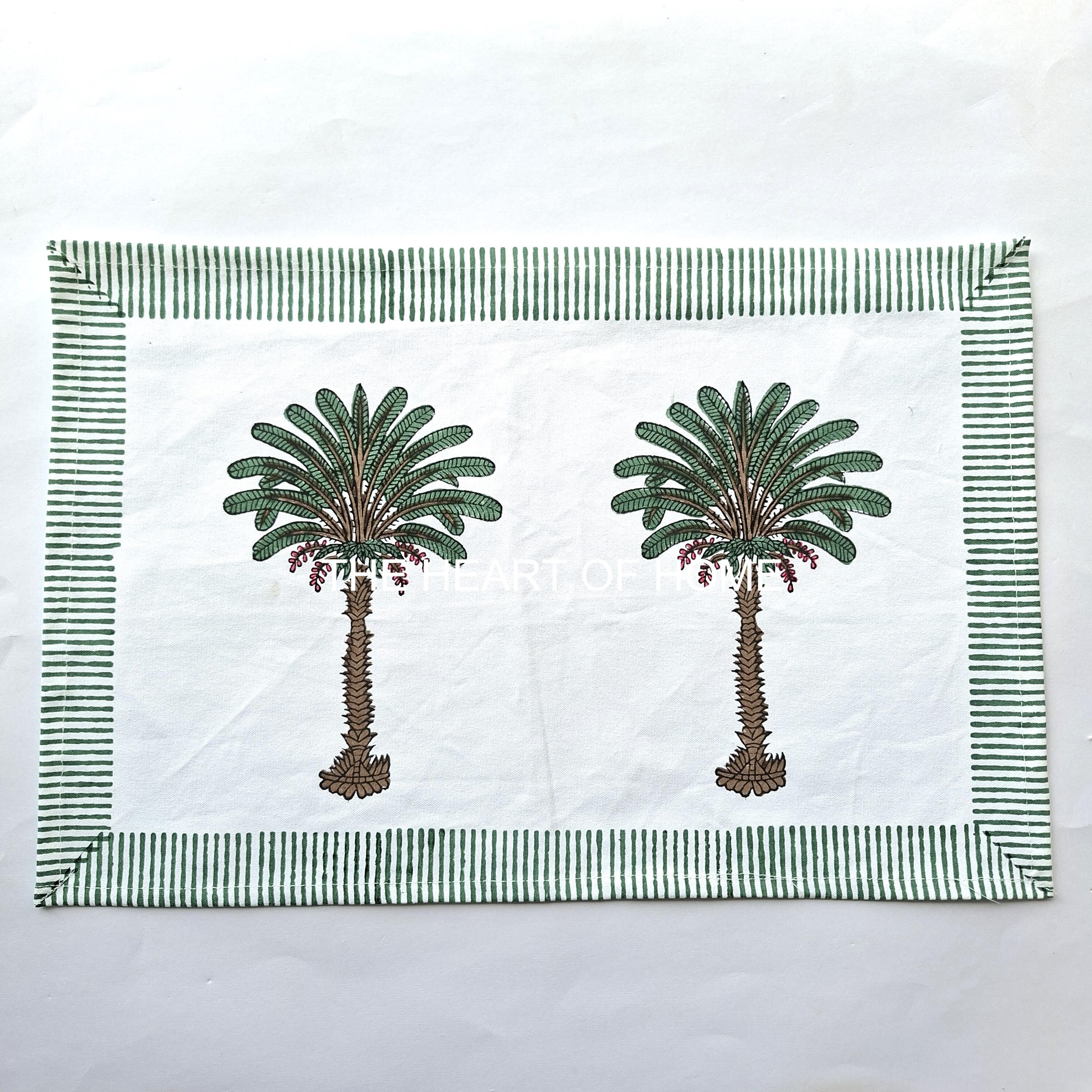 Hand Block Printed Cotton Placemat & Napkin Set: Jaipur Palm Tree Design