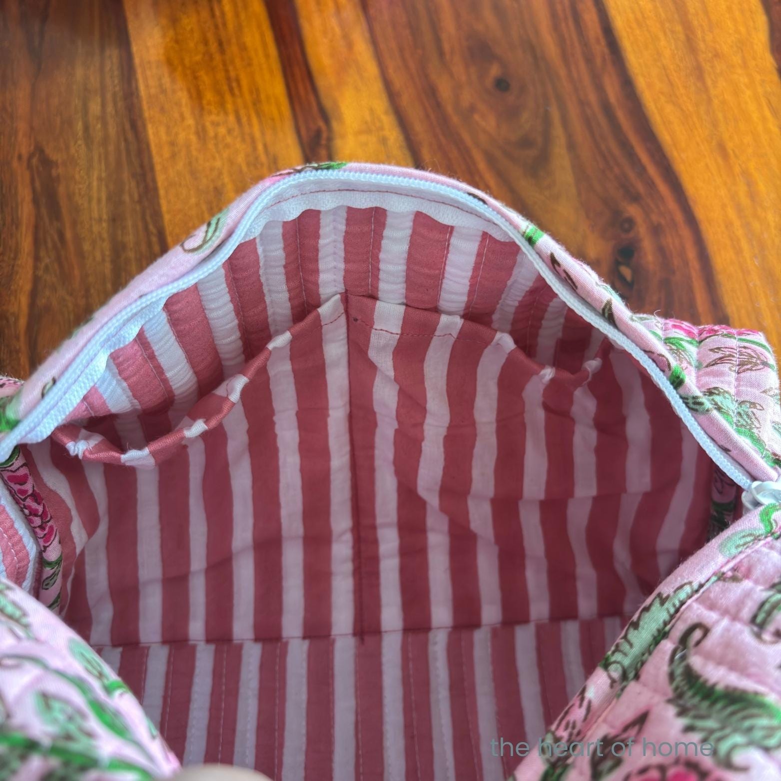 Handblock Printed Quilted Cosmetic Pouch Set: Pink Toiletry Bags, Travel Organizers