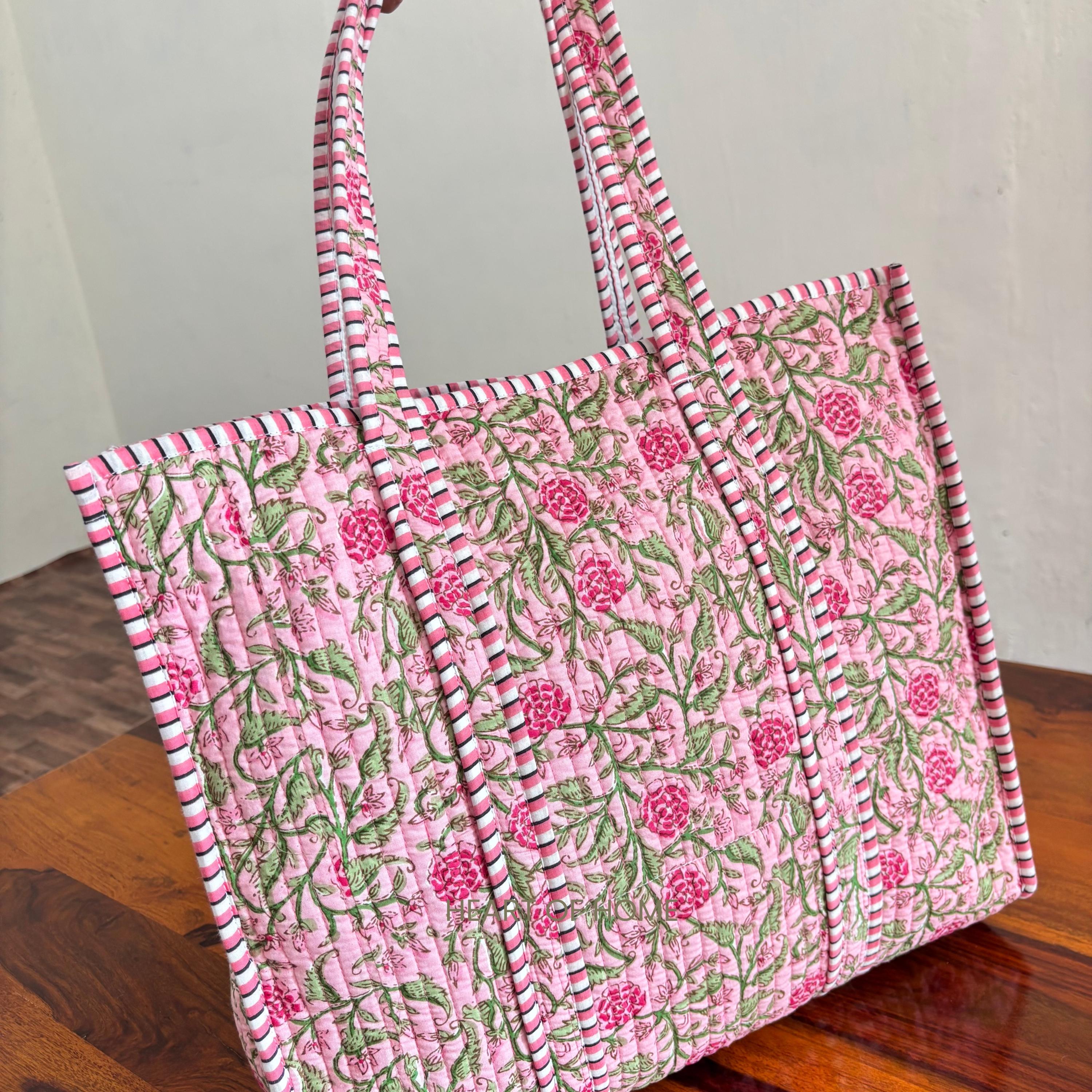 Custom Embroidered Rose Floral Tote Bag: Hand Block Printed Gift