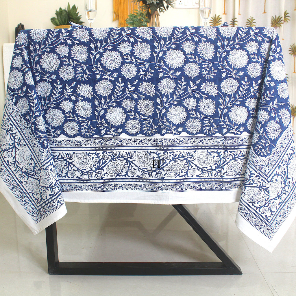 Blue Floral Block Print Cotton Tablecloth: Vibrant Home & Event Decor