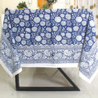 Blue Floral Block Print Cotton Tablecloth: Vibrant Home & Event Decor