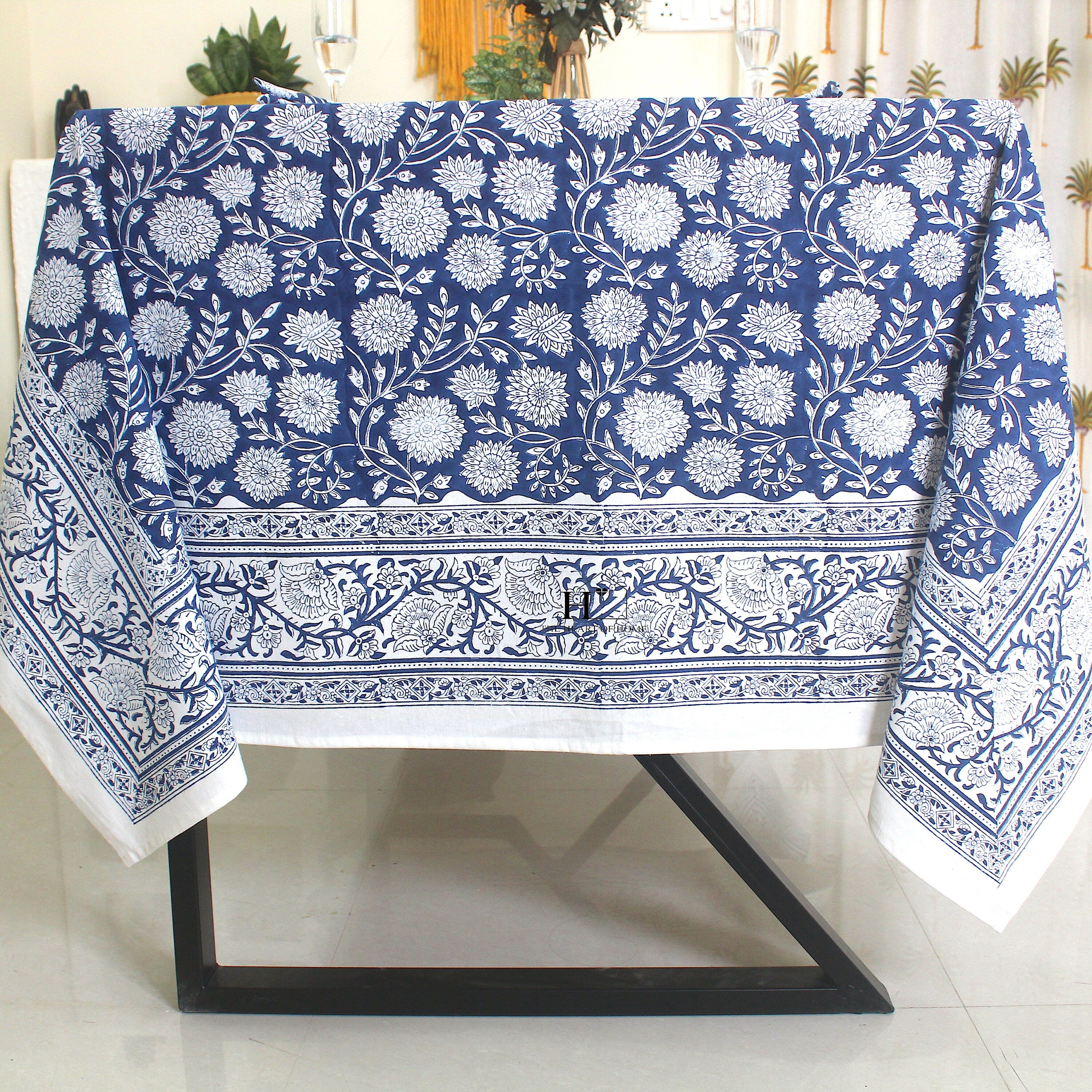 Blue Floral Block Print Cotton Tablecloth: Vibrant Home & Event Decor