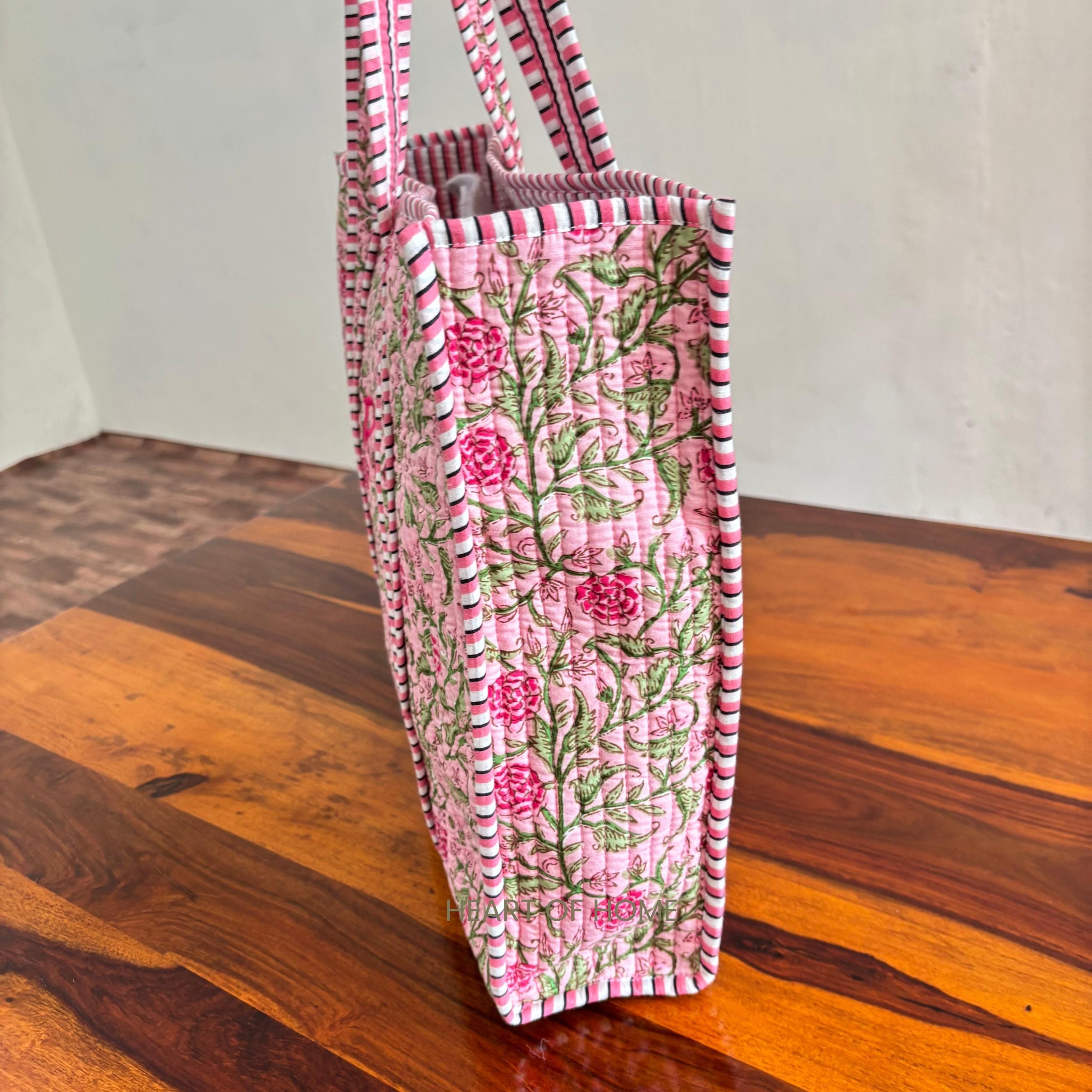 Custom Embroidered Rose Floral Tote Bag: Hand Block Printed Gift