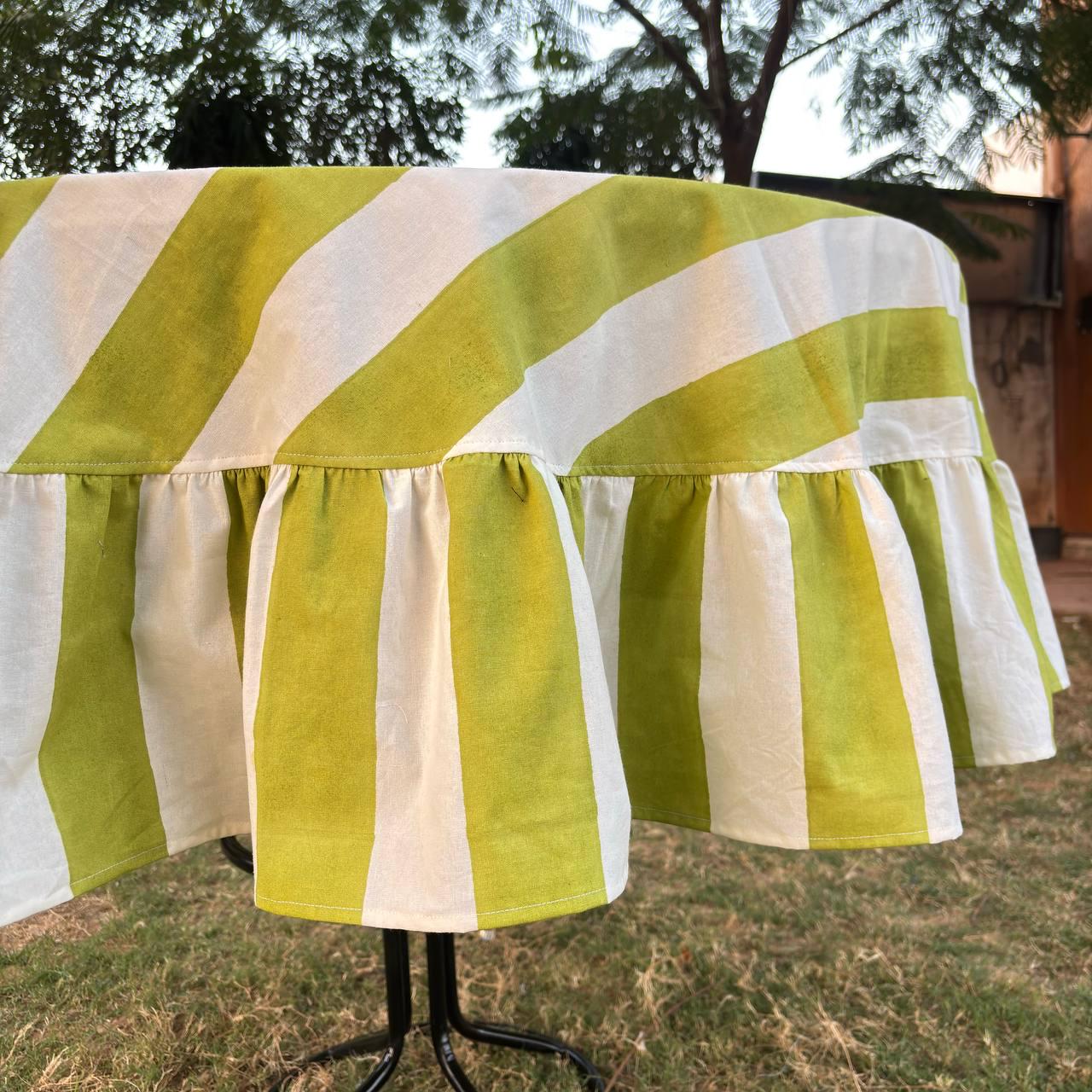 Light Green Stripe Table Cloth for Round Table hand block printed | christmas gift | wedding table deor