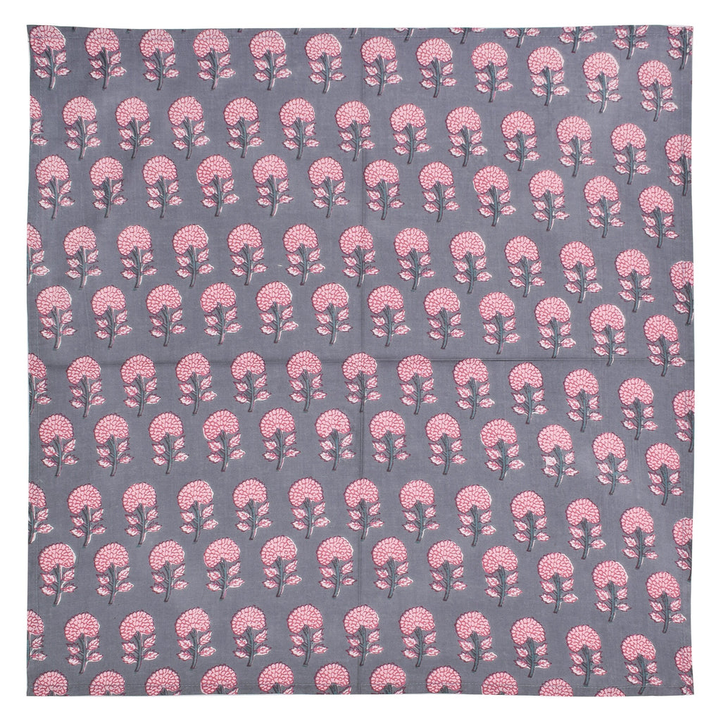 Hand Block Printed Cotton Napkins: Grey & Pink Floral Table Decor