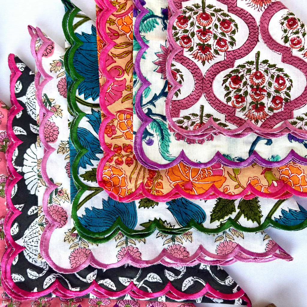 Hand Block Print Scallop Napkins: Floral Cotton Dinner Napkins