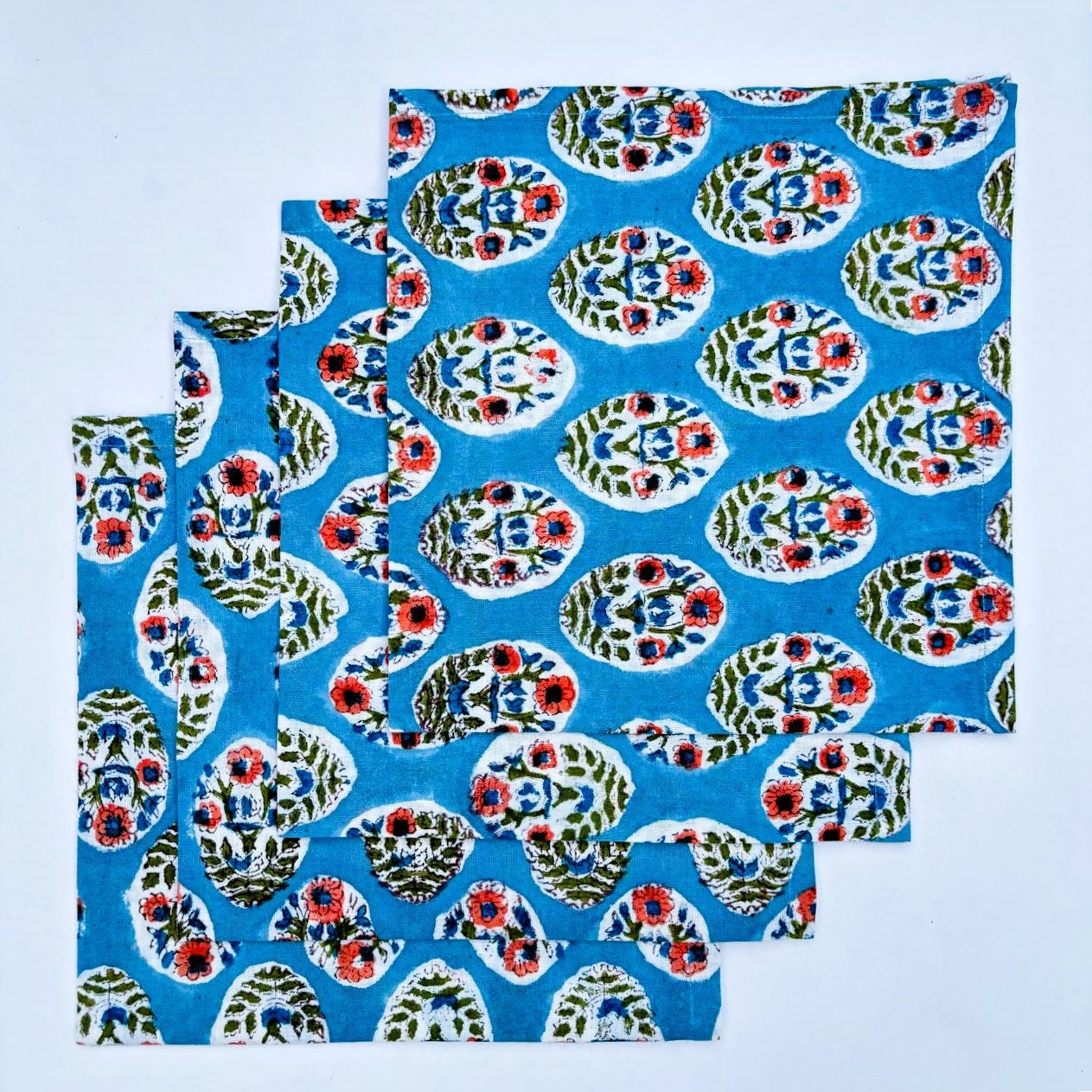 Handmade Blue Floral Block Printed Cotton Napkins