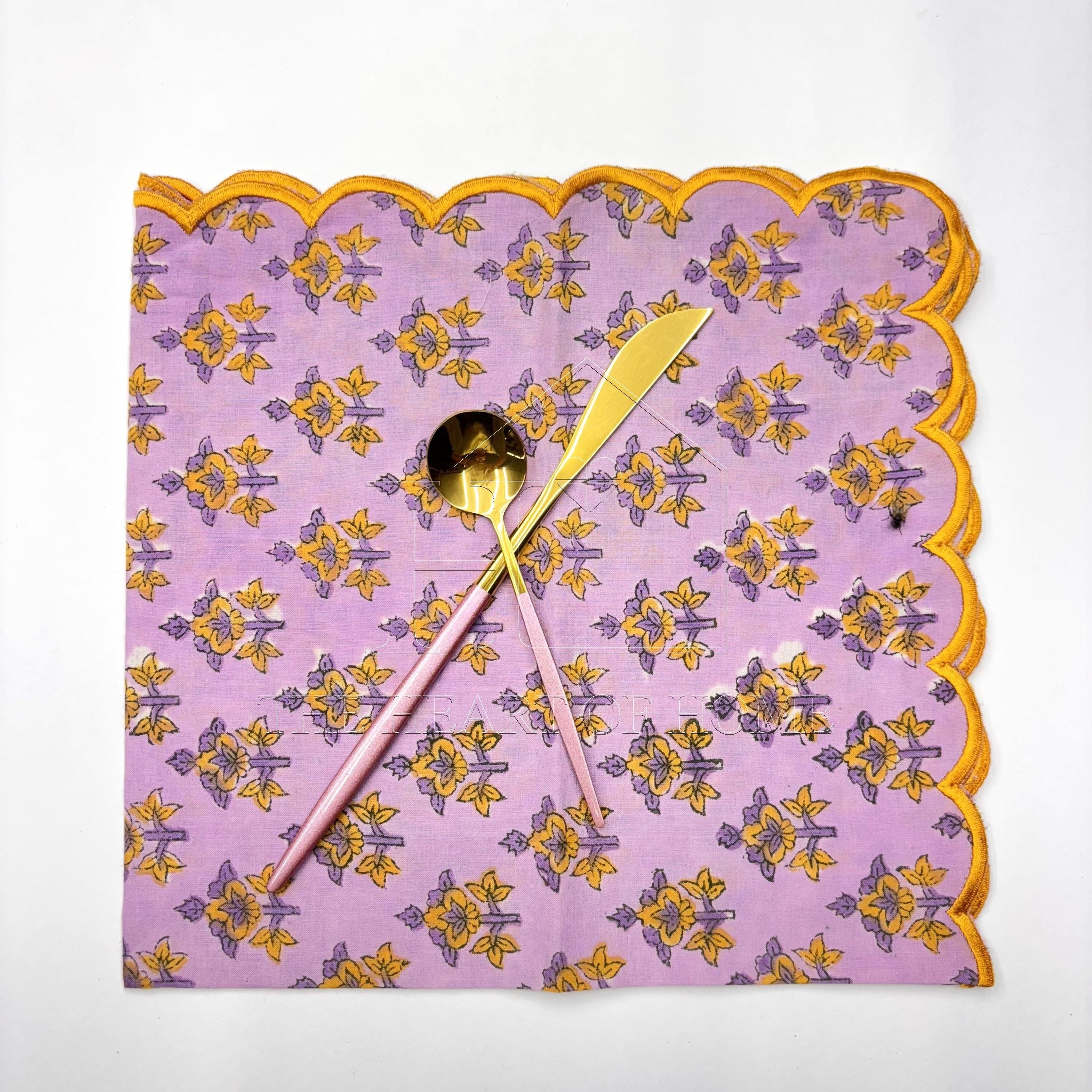 Lavender yellow scallop cotton Embroidery Napkins for table decoration and christmas gift | Reusable Floral Table Linen