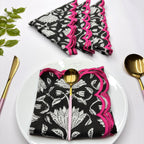 Black Pink scallop cotton Embroidery Napkins for table decoration and christmas gift | Reusable Floral Table Linen