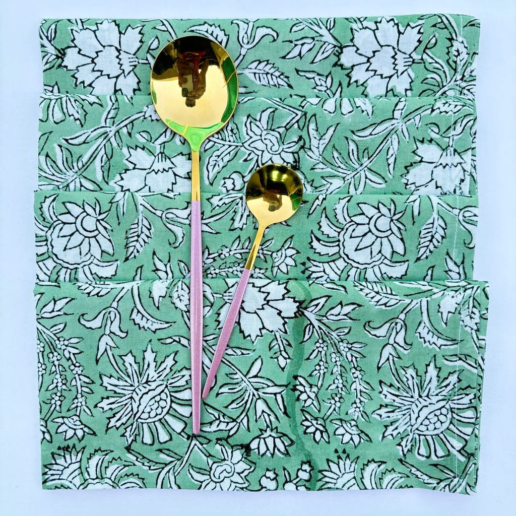 Handmade Olive Green Floral Napkins: Block Printed Cotton Table Decor
