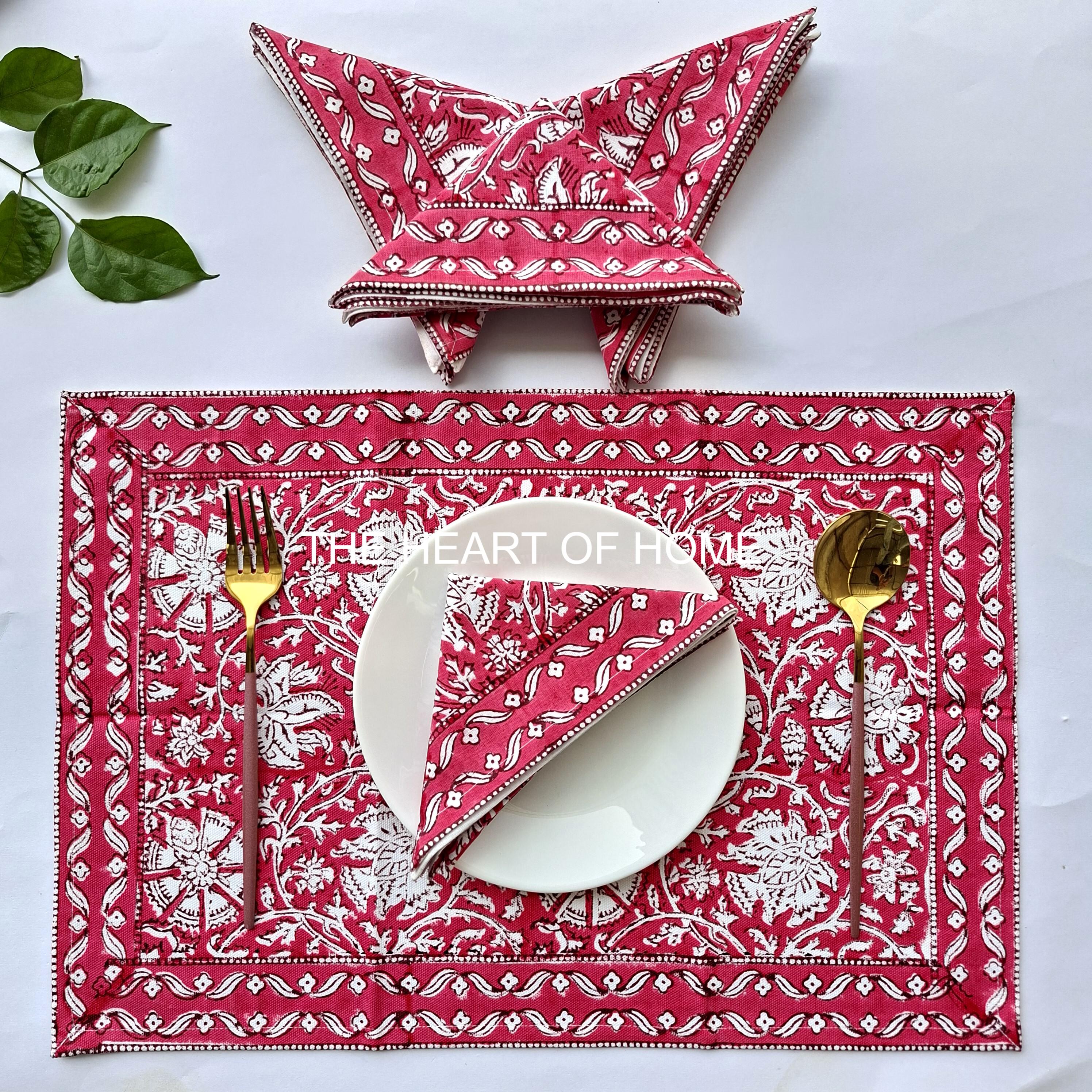 Hand Block Printed Cotton Placemat & Napkin Set: Jaipur Artisan Made