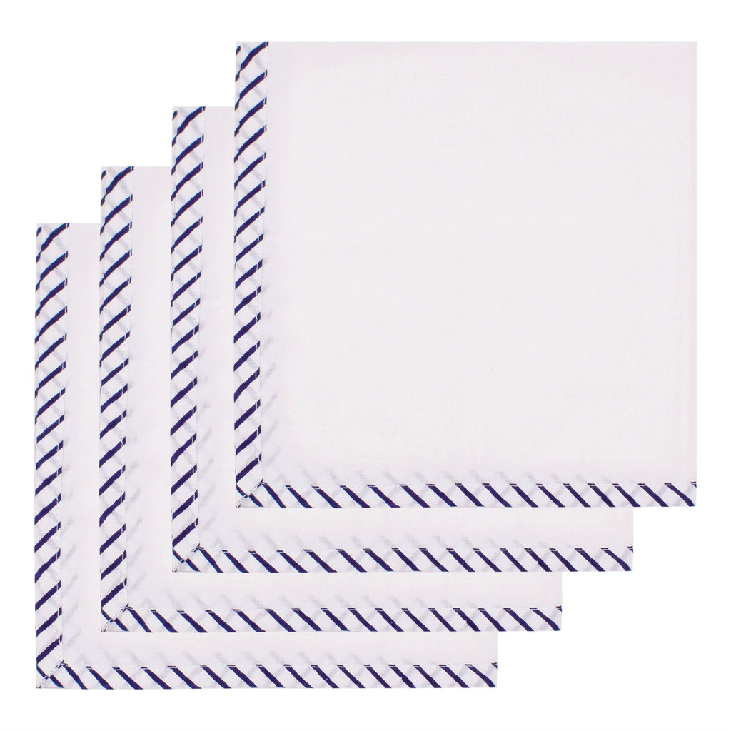 Hand Block Printed Cotton Napkins: White with Blue Border