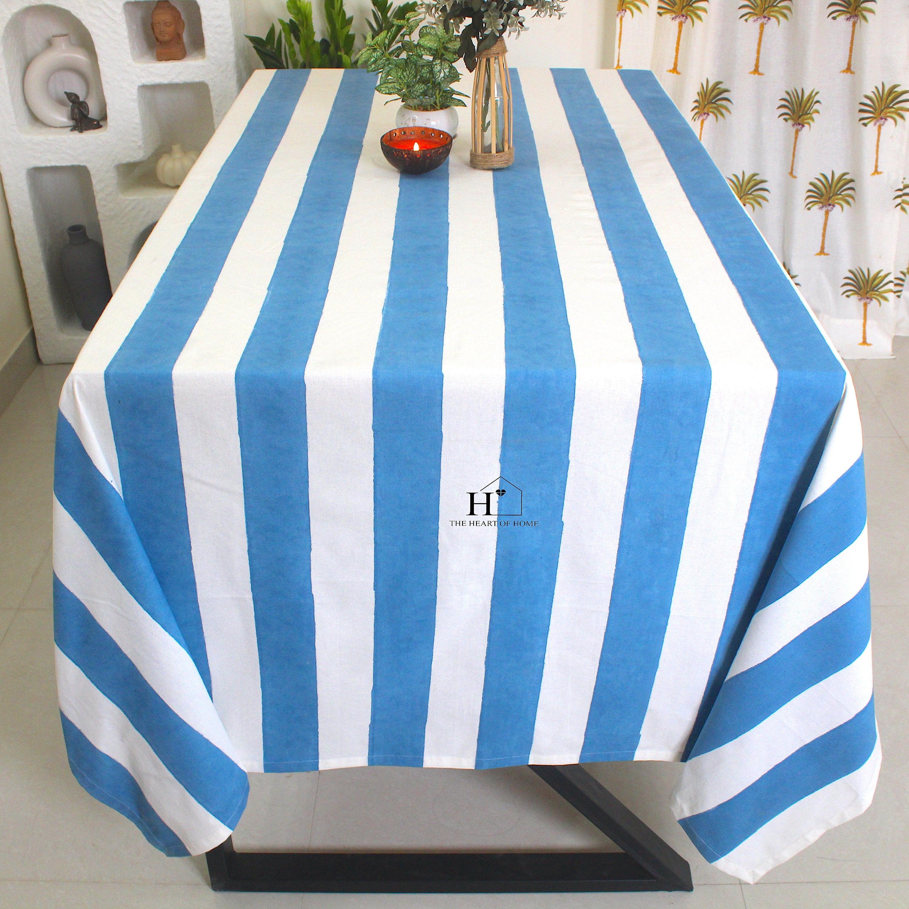 Hand-Block Stripe Cotton Tablecloth: Sky Blue Waterproof Dining Table Cover