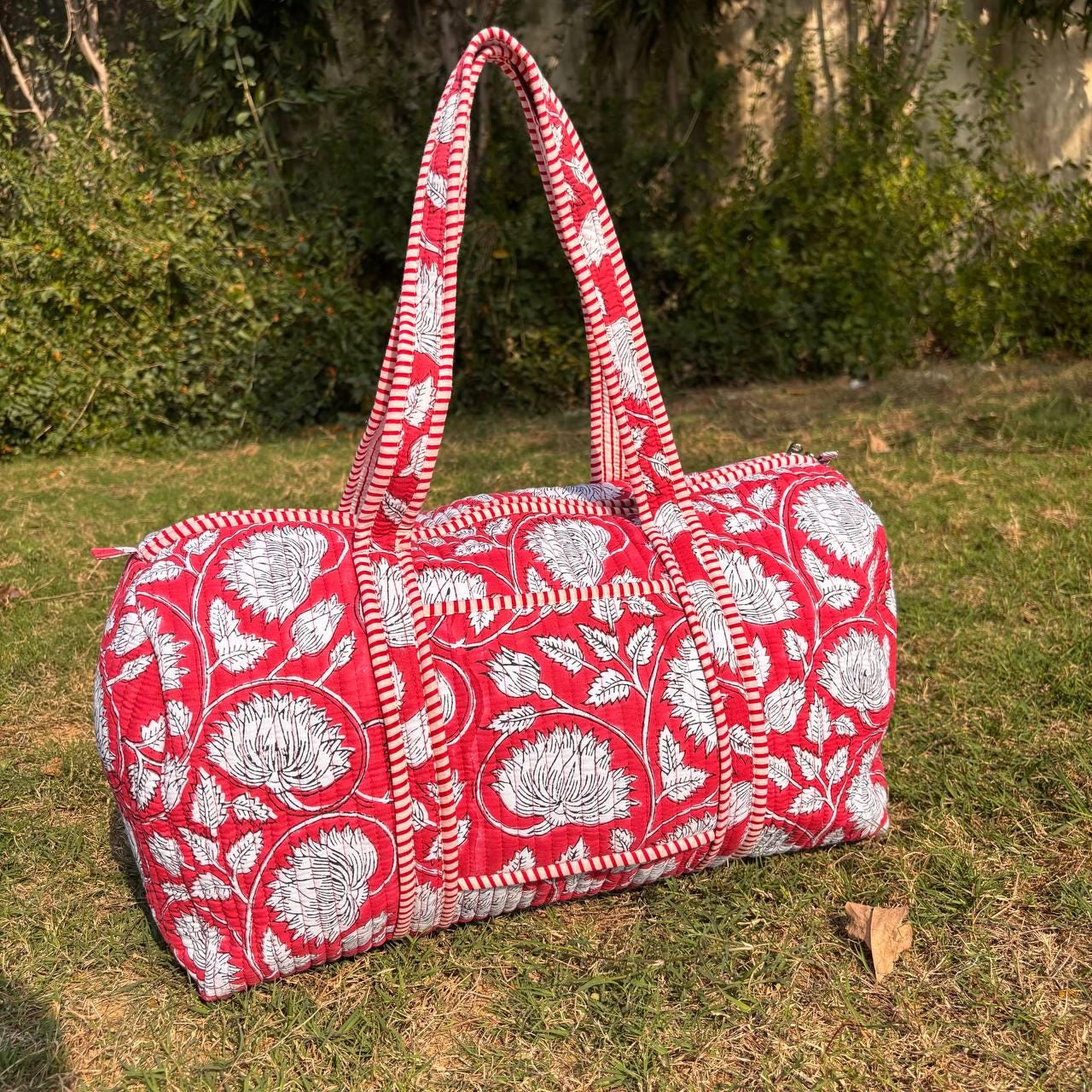 Large Bright Red Cotton Quilted Duffle Bags Block print Gifts Handmade Colorful Travel night Travel Gym Yoga Luggage pocket 18x9x9 inches