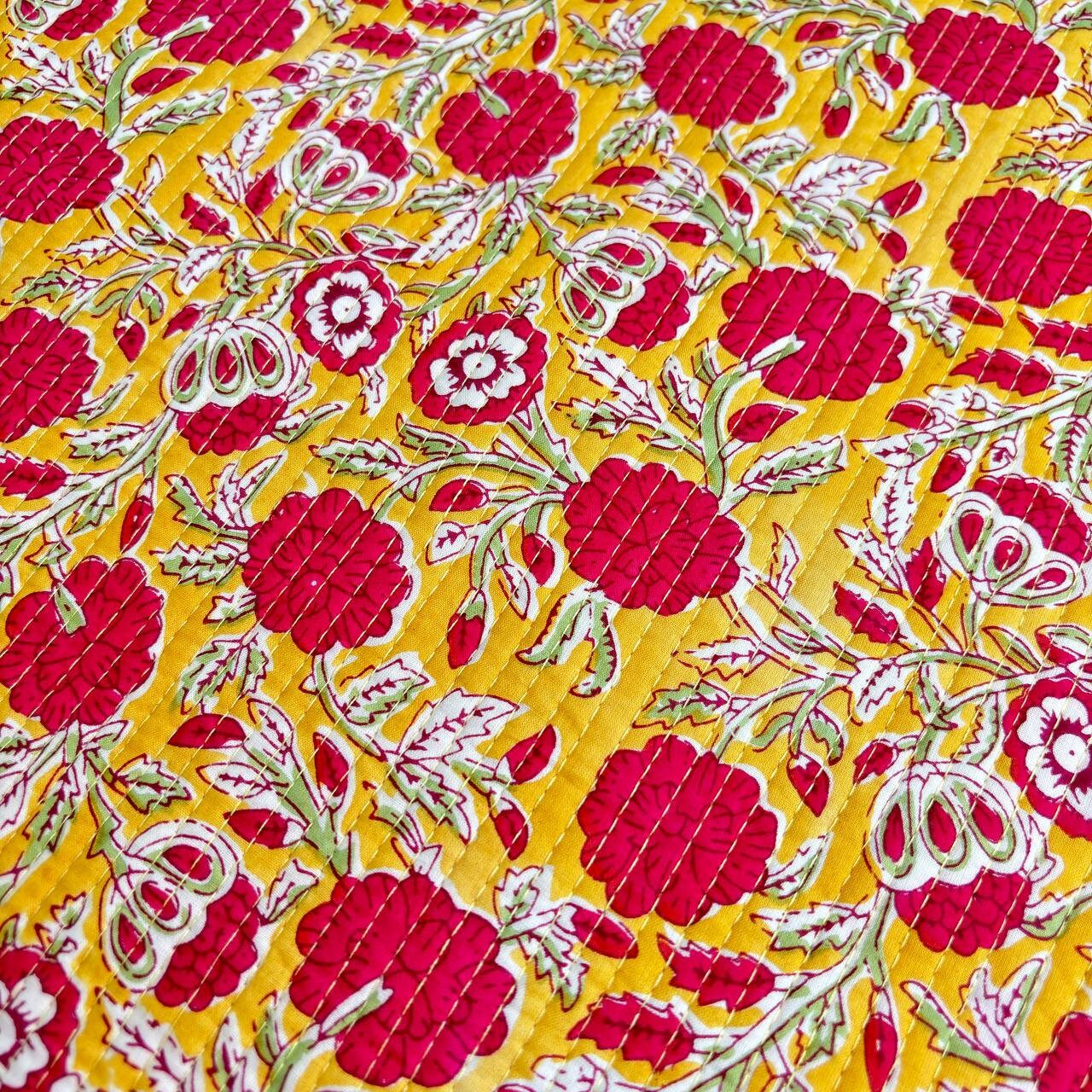 Floral Quilted Placemat & Napkin Set: Mustard Yellow Cotton Table Decor