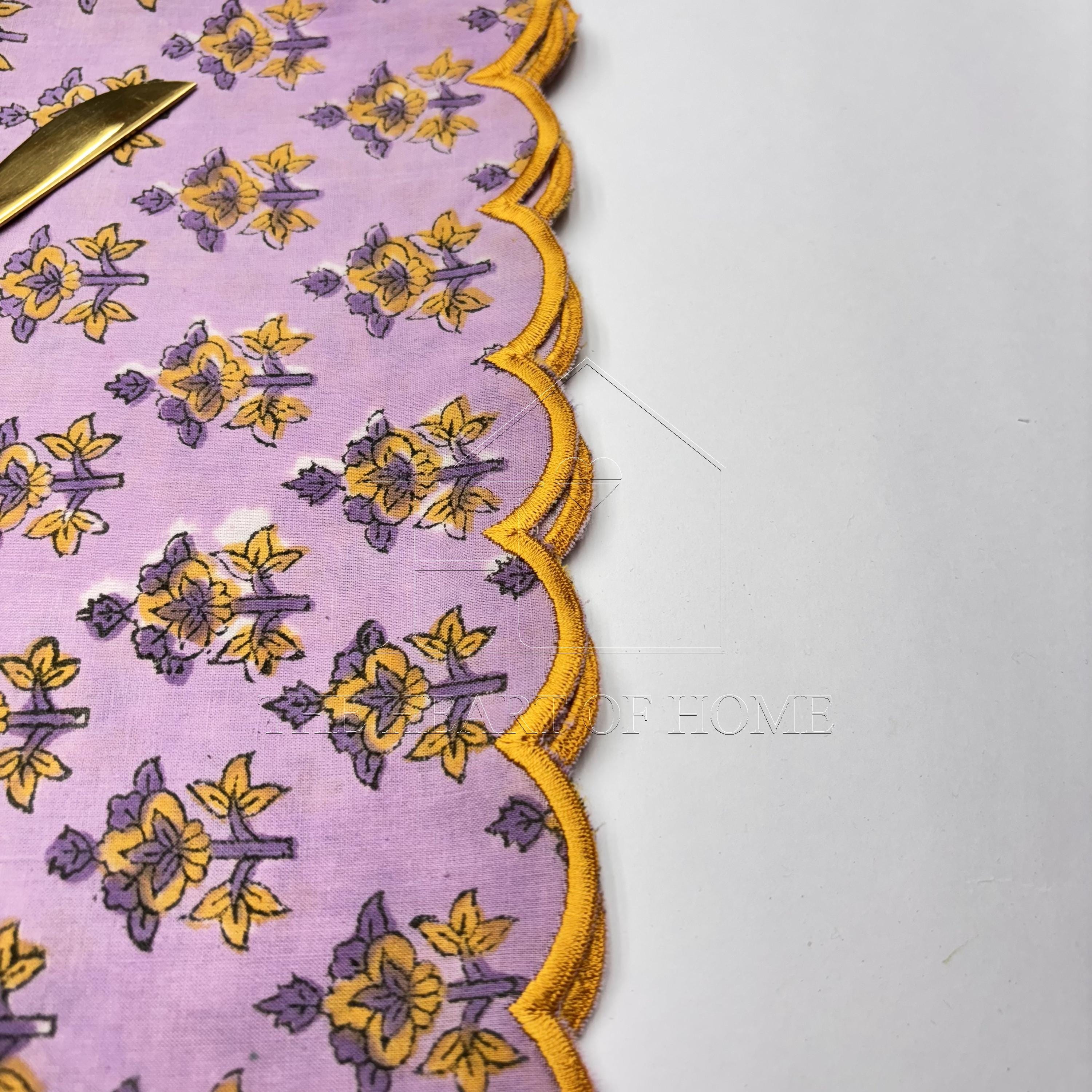 Lavender yellow scallop cotton Embroidery Napkins for table decoration and christmas gift | Reusable Floral Table Linen