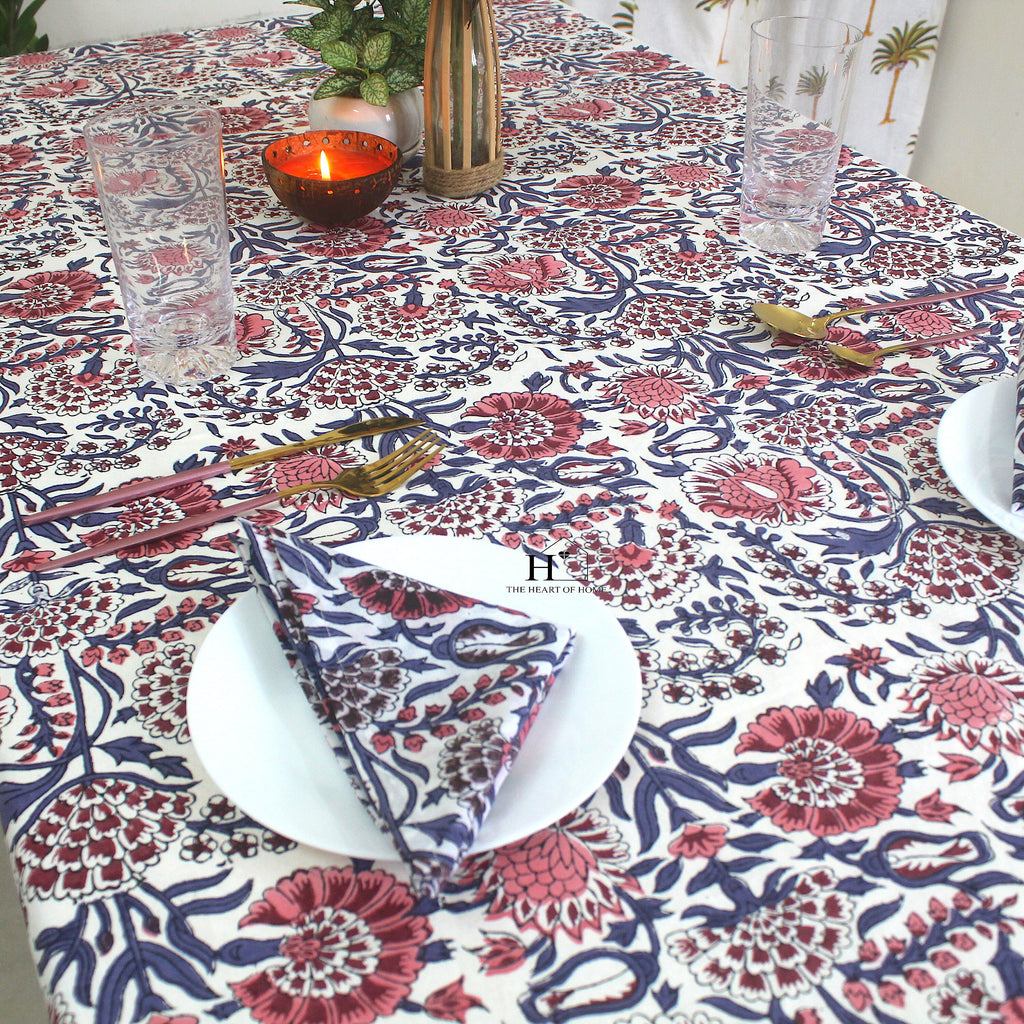 Floral Hand-Block Cotton Tablecloth: Farmhouse Dining, Purple Blooms