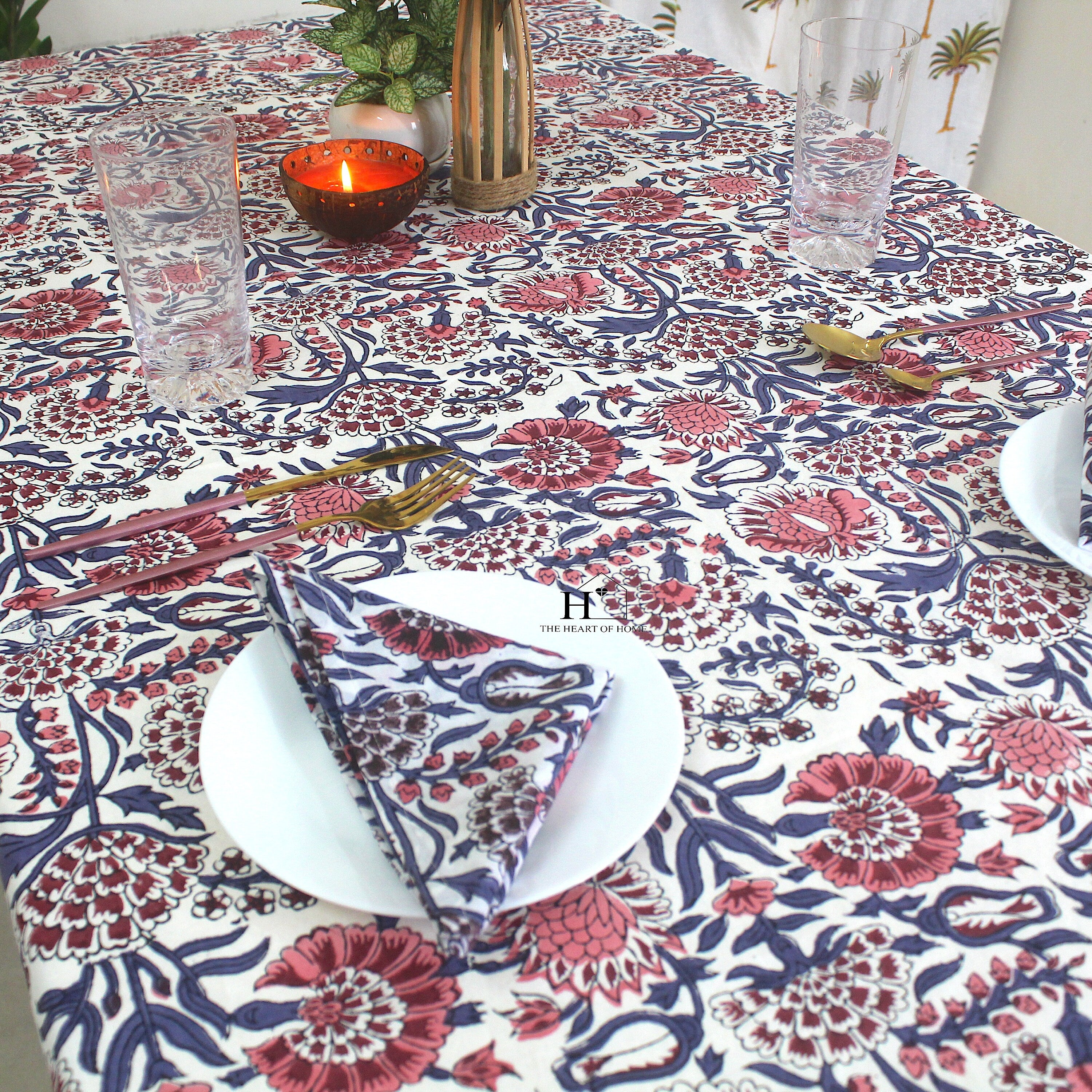 Floral Hand-Block Cotton Tablecloth: Farmhouse Dining, Purple Blooms