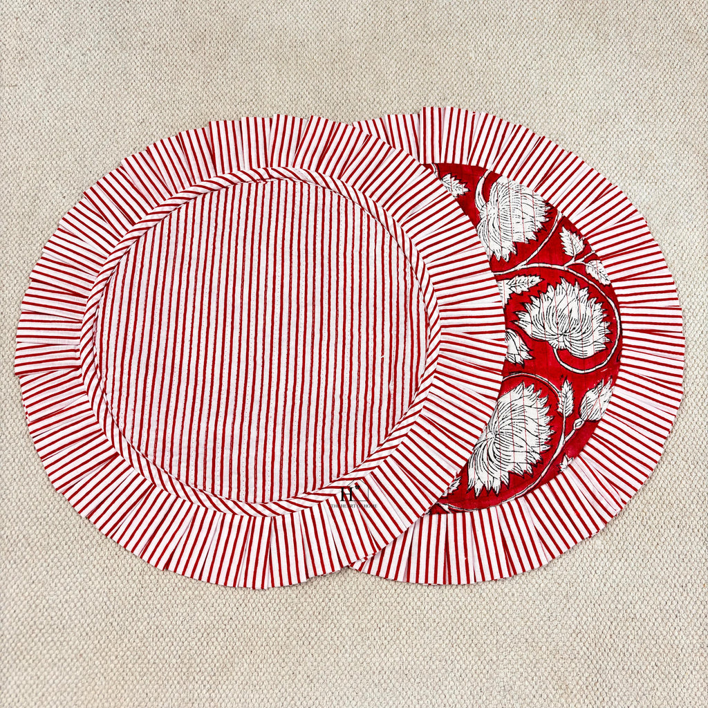 Red Floral Quilted Placemat & Napkin Set: 100% Cotton, Handmade