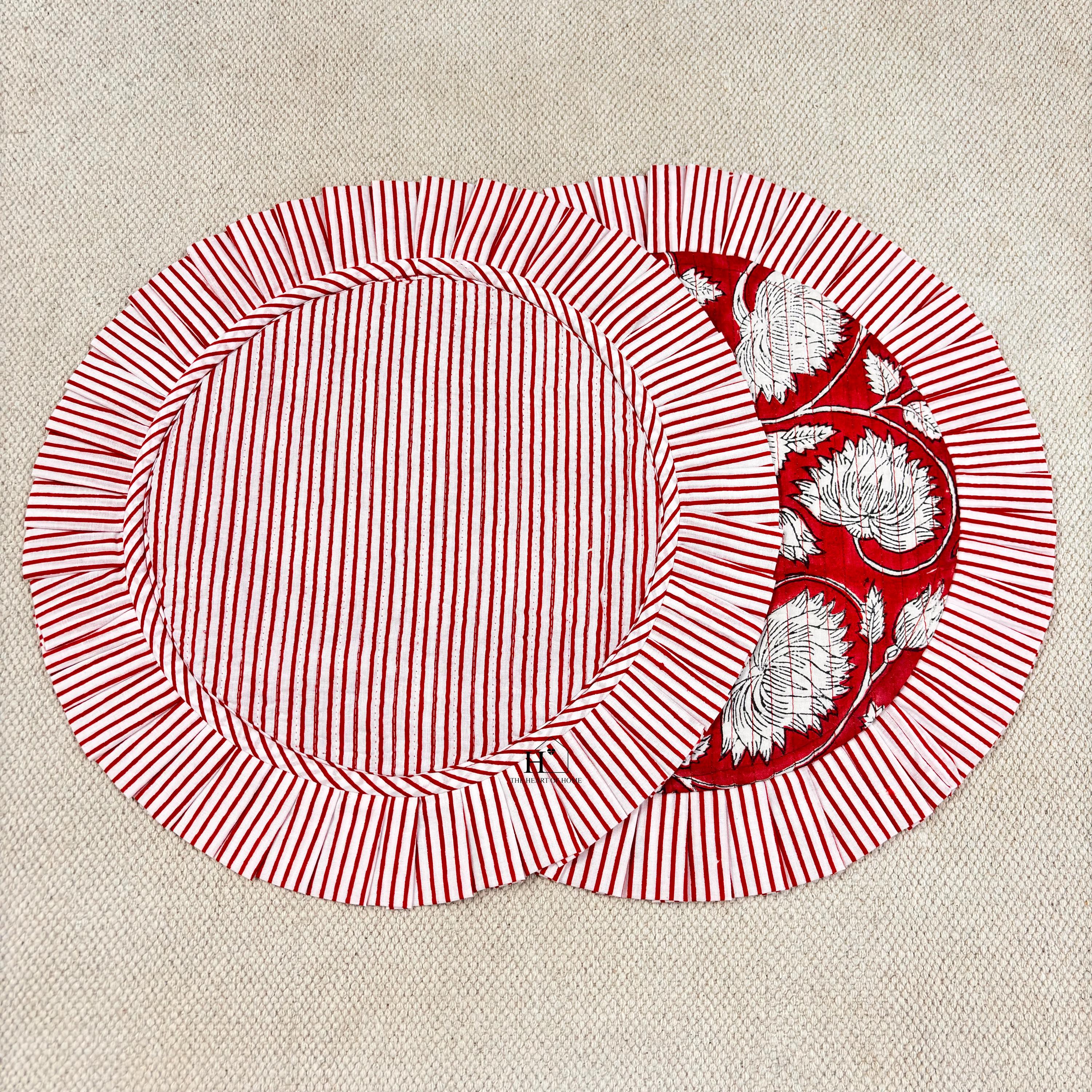 Red Floral Quilted Placemat & Napkin Set: 100% Cotton, Handmade